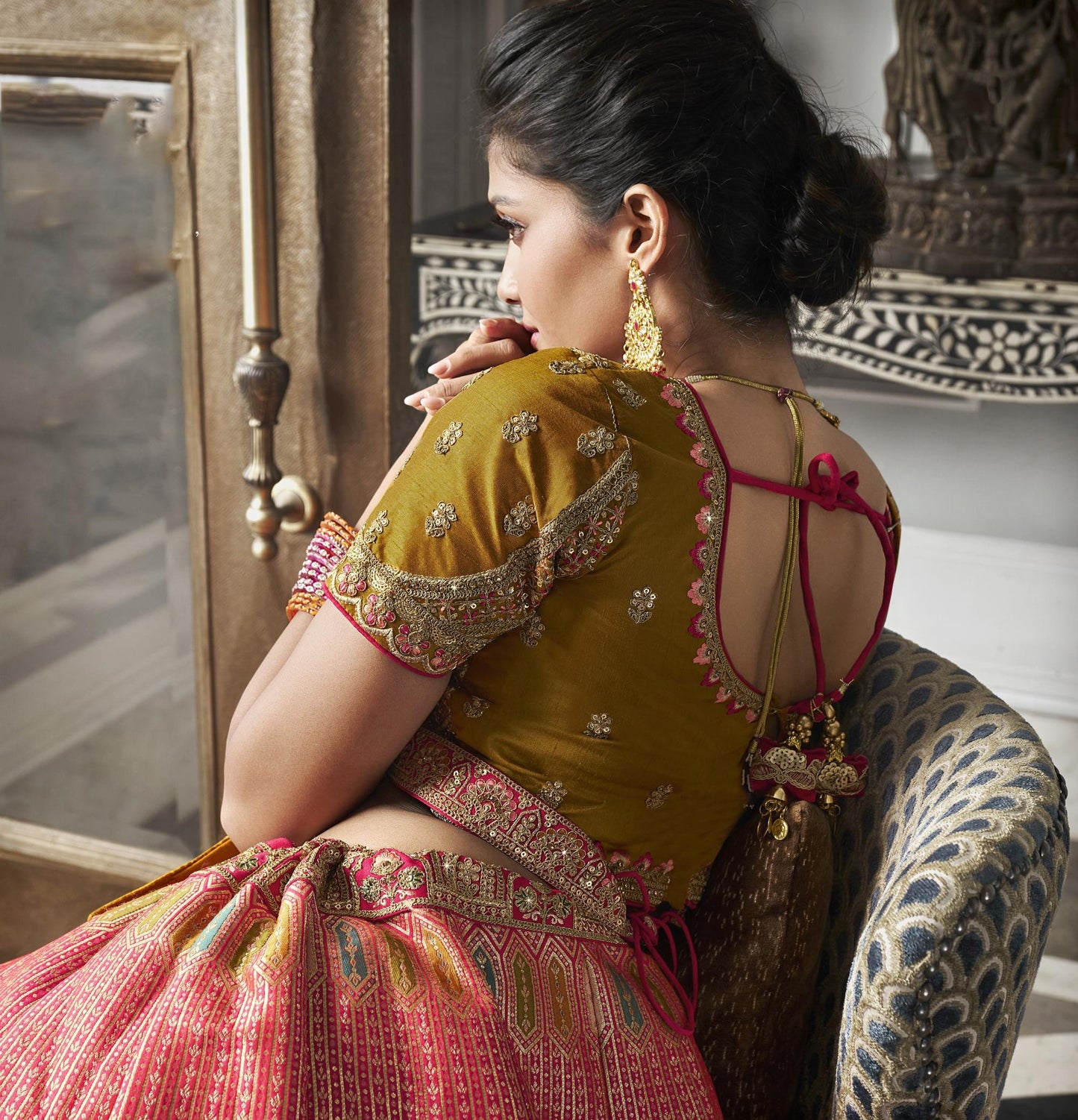 Mustard-Pink Zarkan Embroidered Banarasi Silk Bridal Lehenga