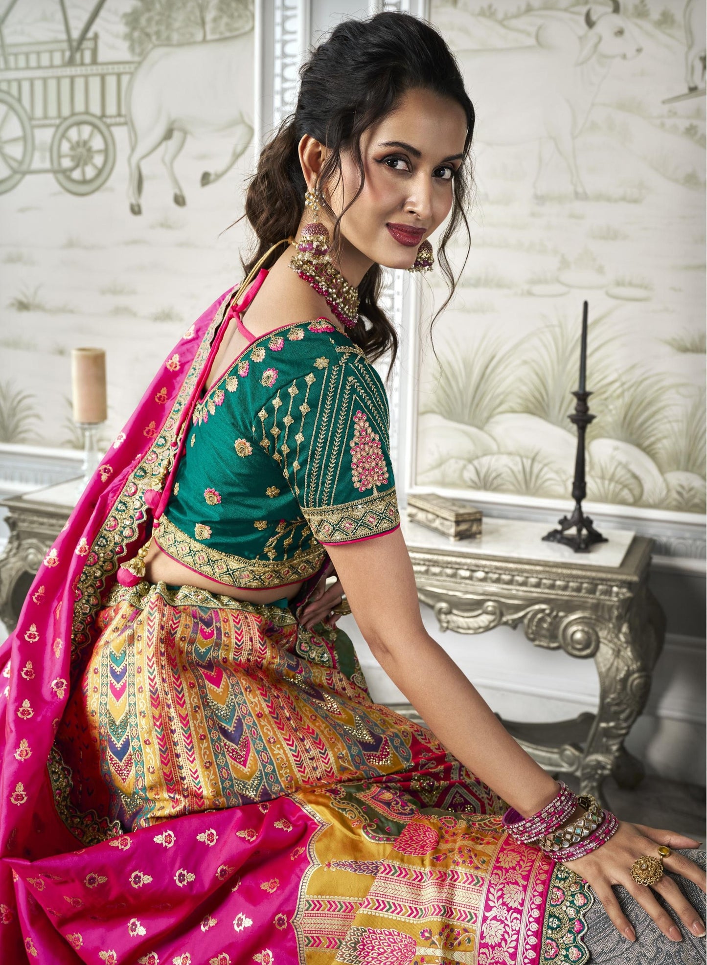 Pink and Green Zarkan Embroidered Banarasi Silk Bridal Lehenga 