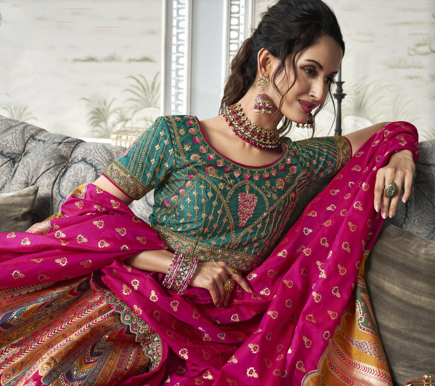 Pink and Green Zarkan Embroidered Banarasi Silk Bridal Lehenga 