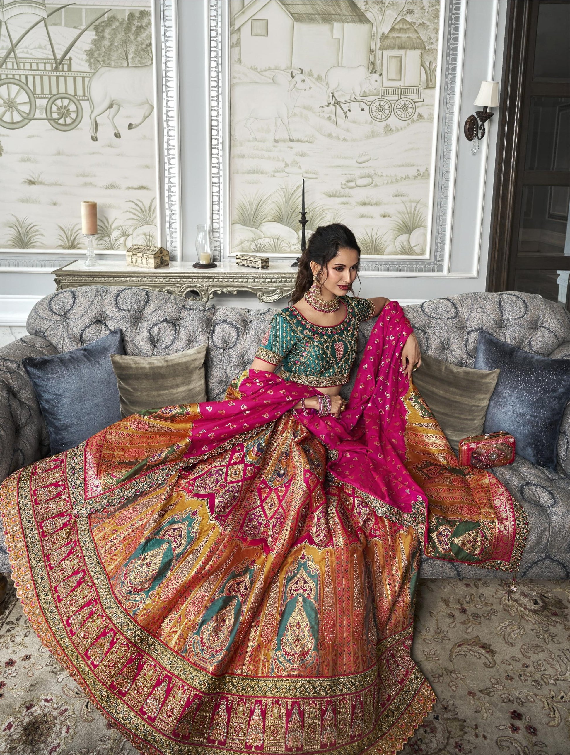 Pink and Green Zarkan Embroidered Banarasi Silk Bridal Lehenga 