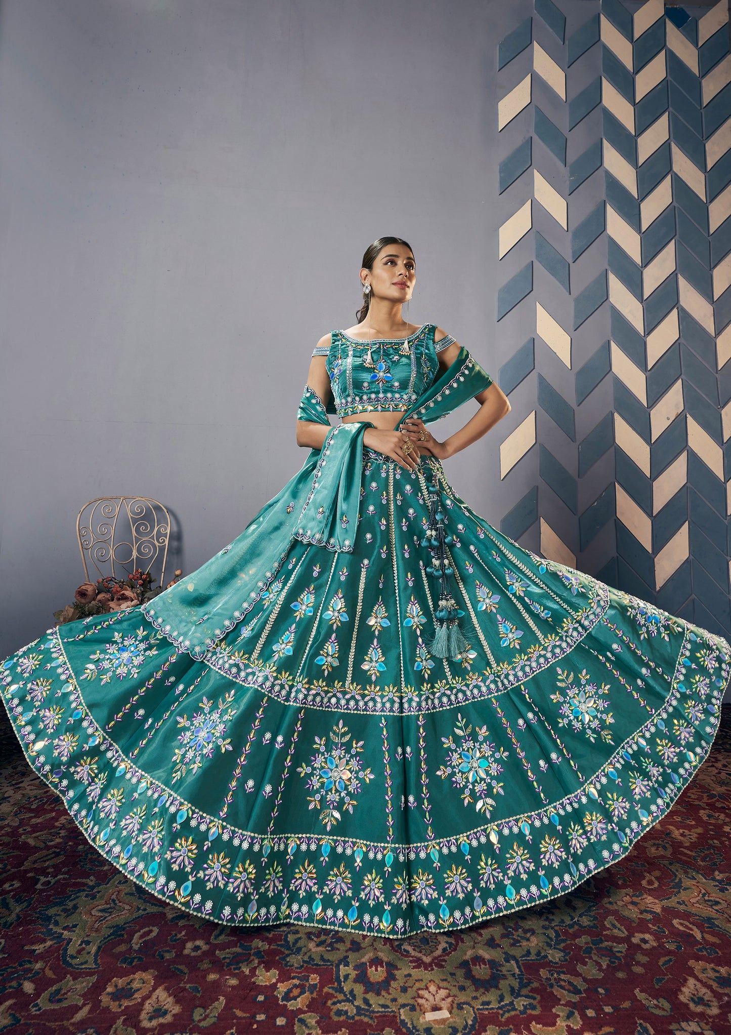 Teal Green Jimichoo Hand Embroidery Engagement Lehenga