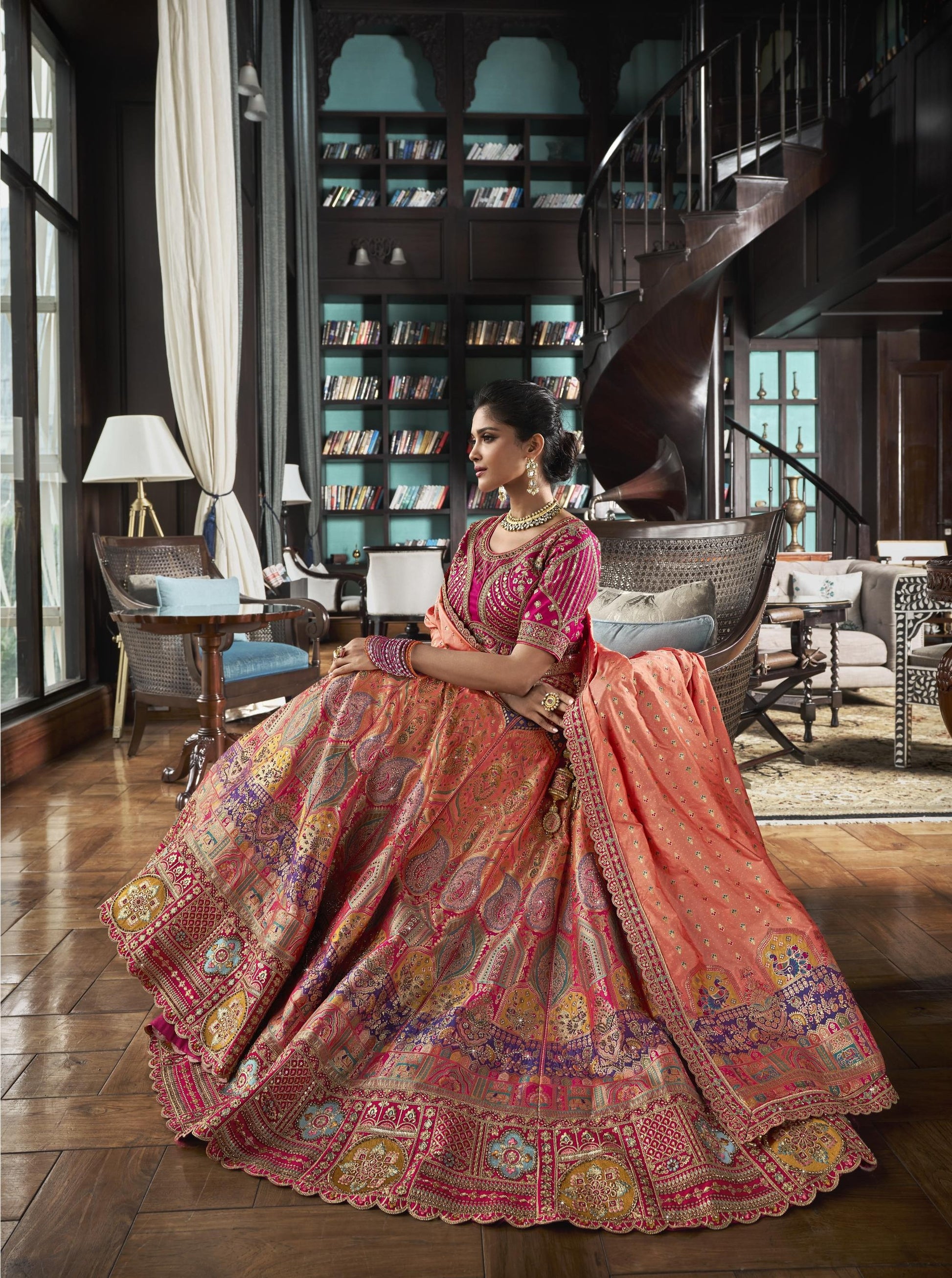 Multi Color Banarasi Silk Zarkan Embroidered Bridal Lehenga 