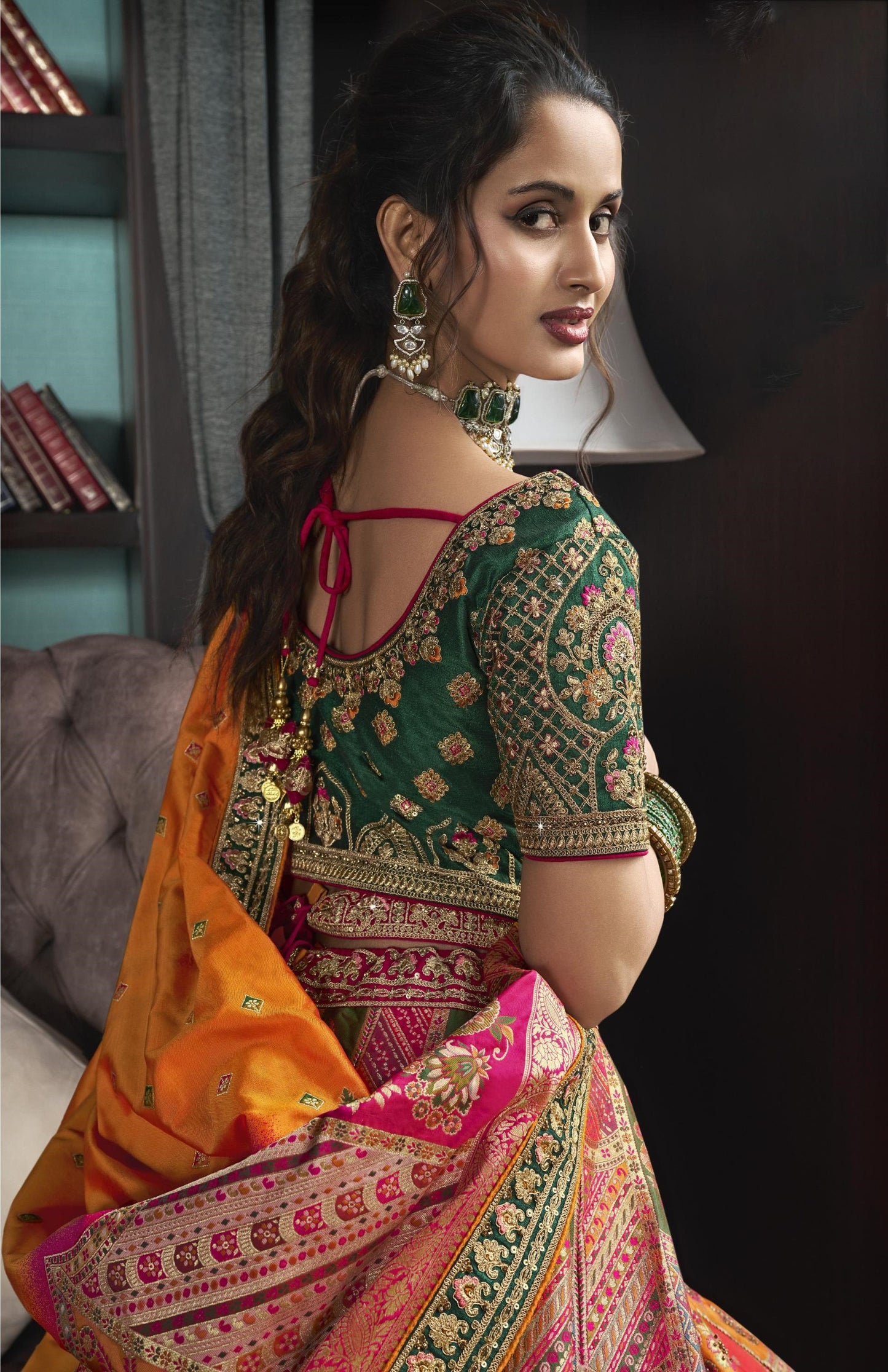 Mustard-Green Zarkan Embroidered Banarasi Silk Bridal Lehenga 