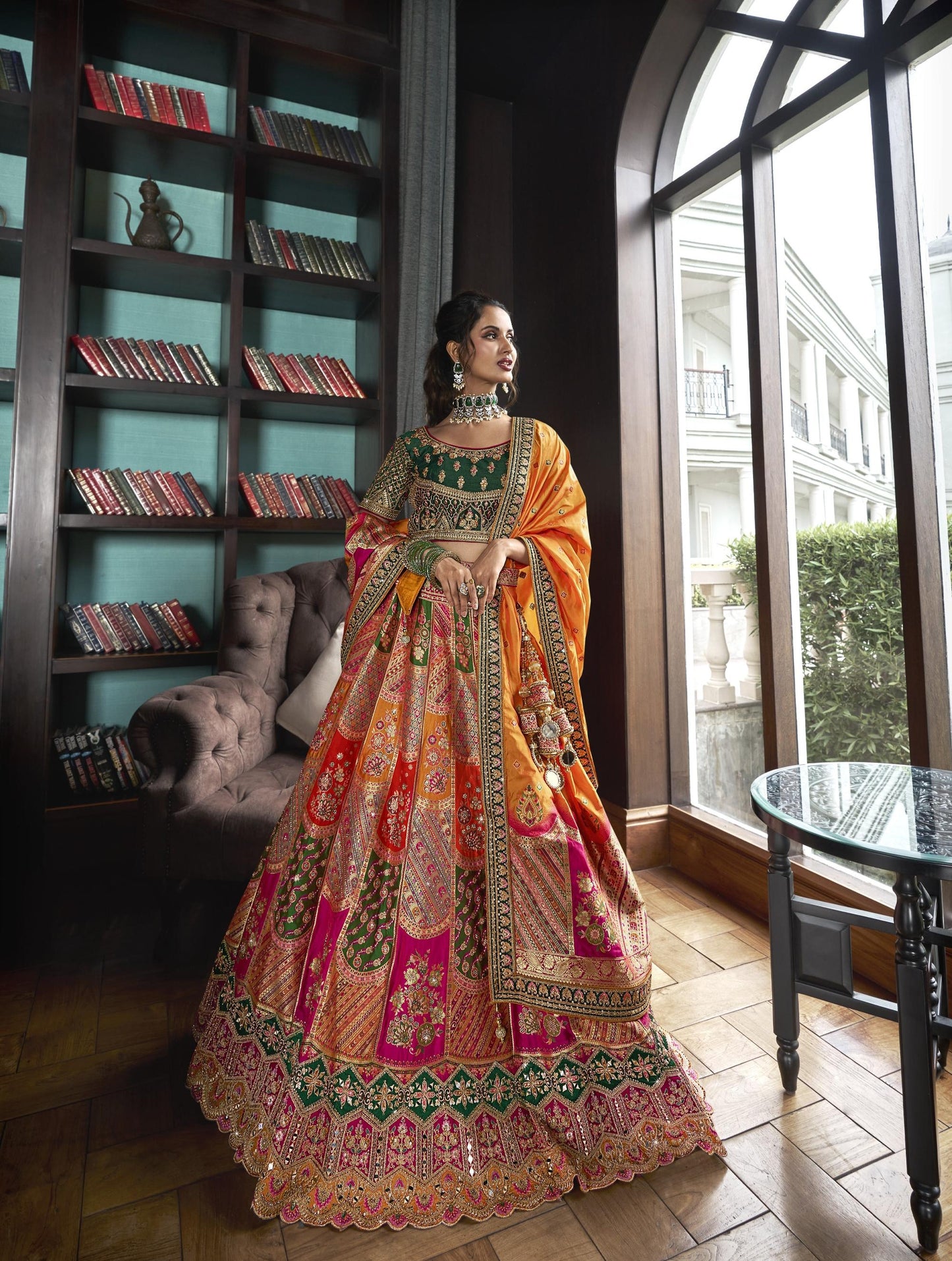 Mustard-Green Zarkan Embroidered Banarasi Silk Bridal Lehenga 