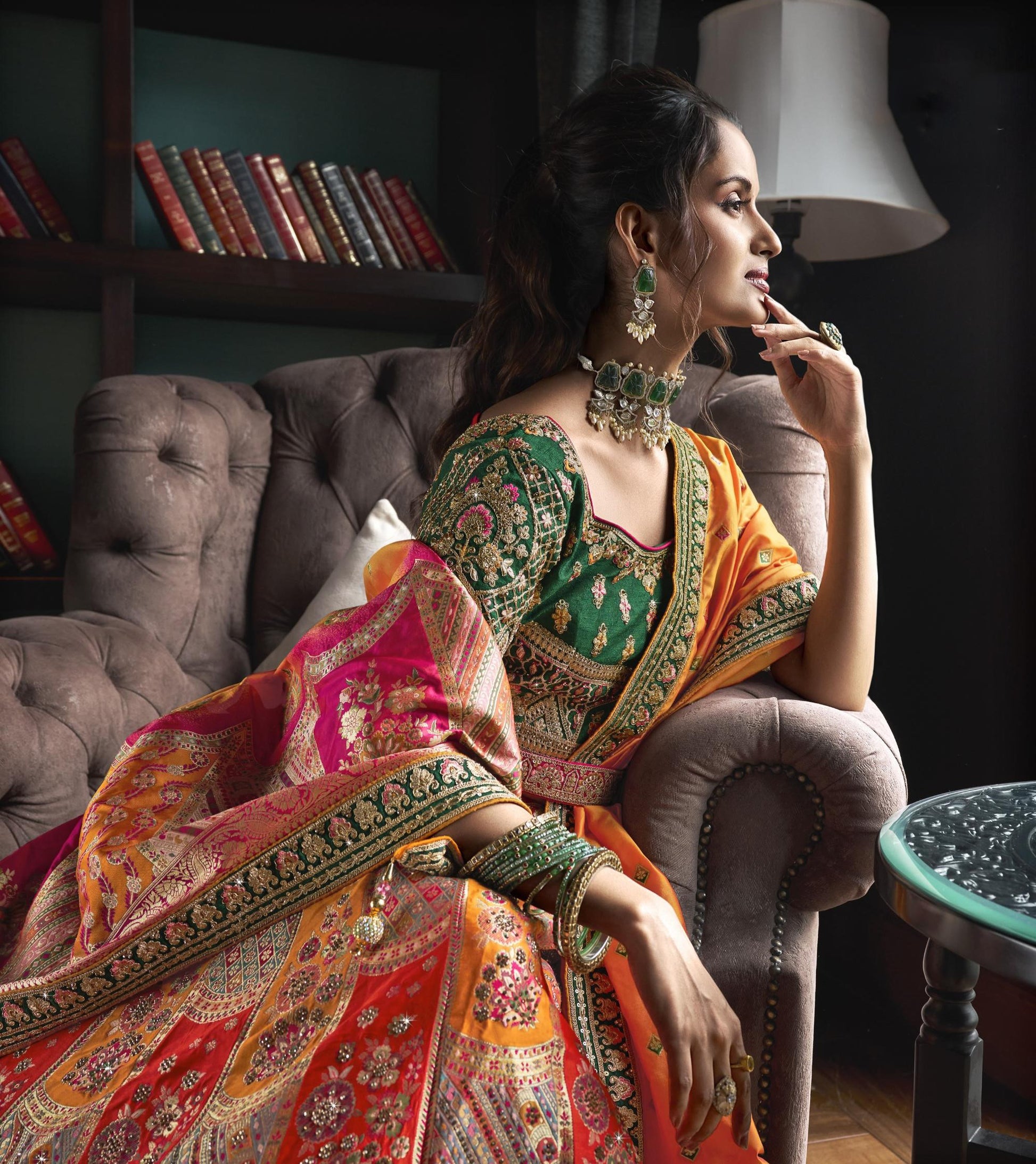 Mustard-Green Zarkan Embroidered Banarasi Silk Bridal Lehenga 