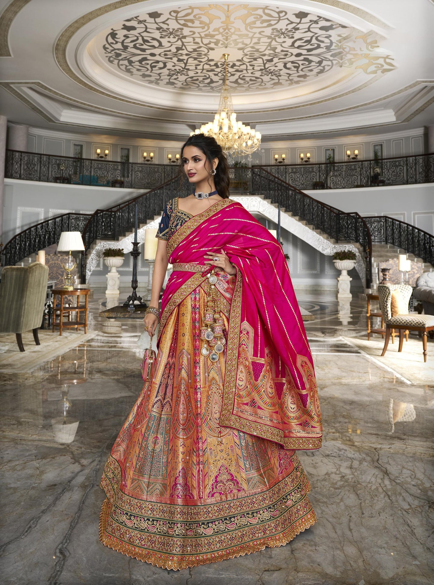 Blue and Mustard Pink Zarkan Embroidered Banarasi Silk Bridal Lehenga