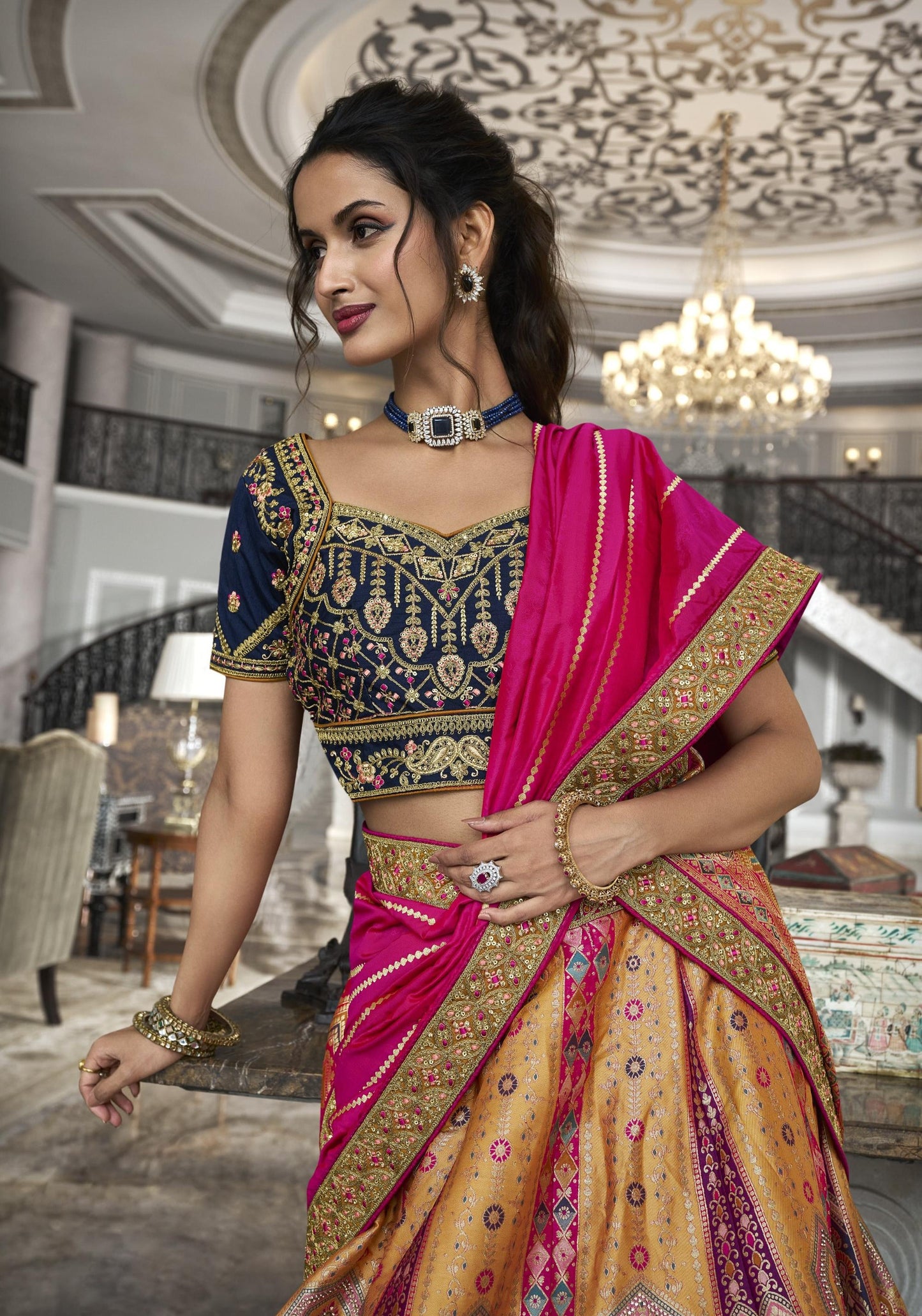 Blue and Mustard Pink Zarkan Embroidered Banarasi Silk Bridal Lehenga