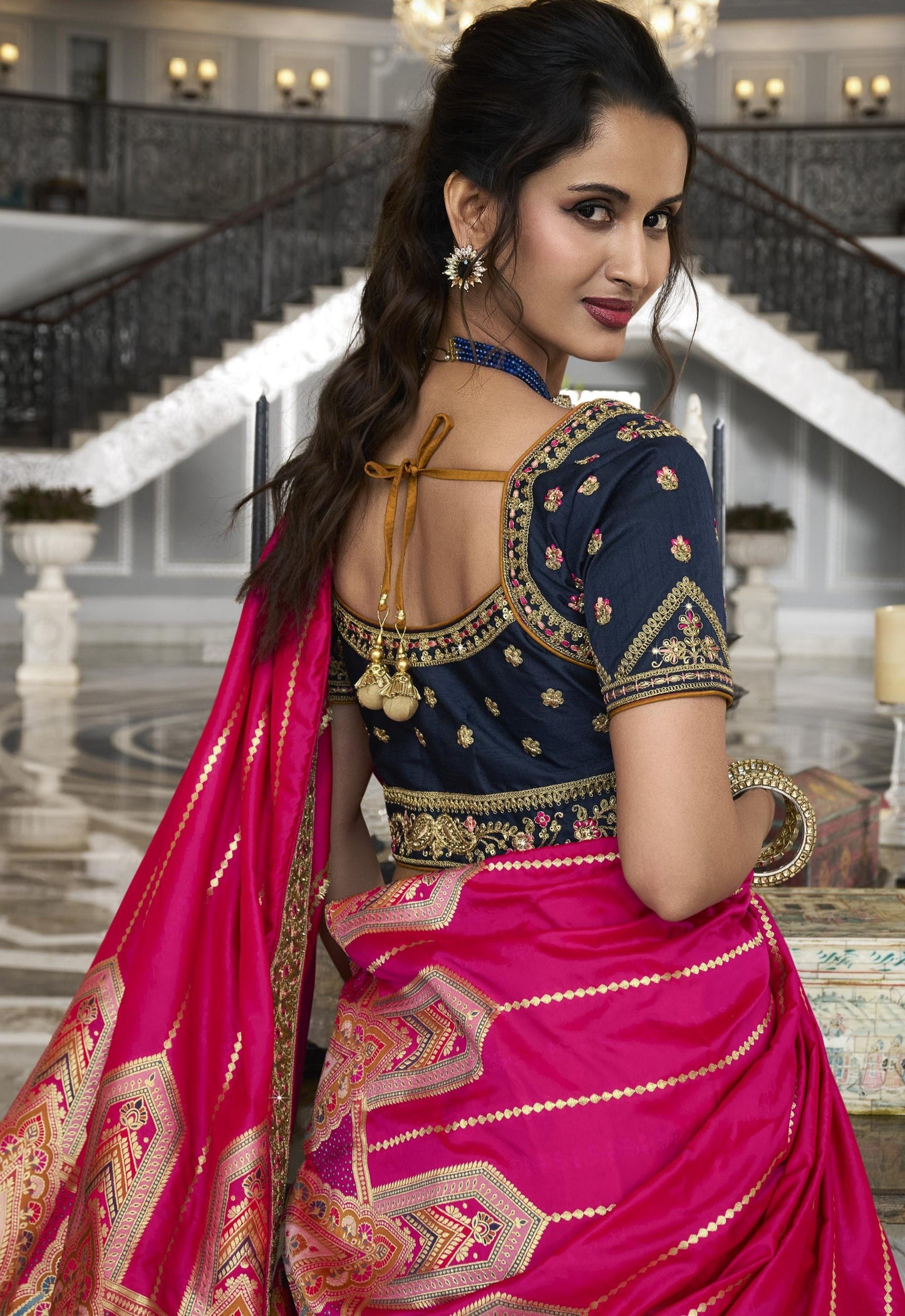 Blue and Mustard Pink Zarkan Embroidered Banarasi Silk Bridal Lehenga