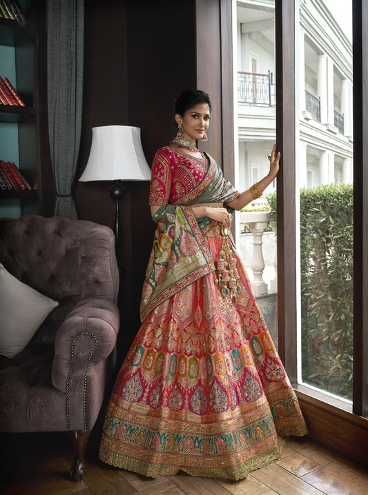 Peach and Dust Green Banarasi Silk Zarkan Embroidered Bridal Lehenga 