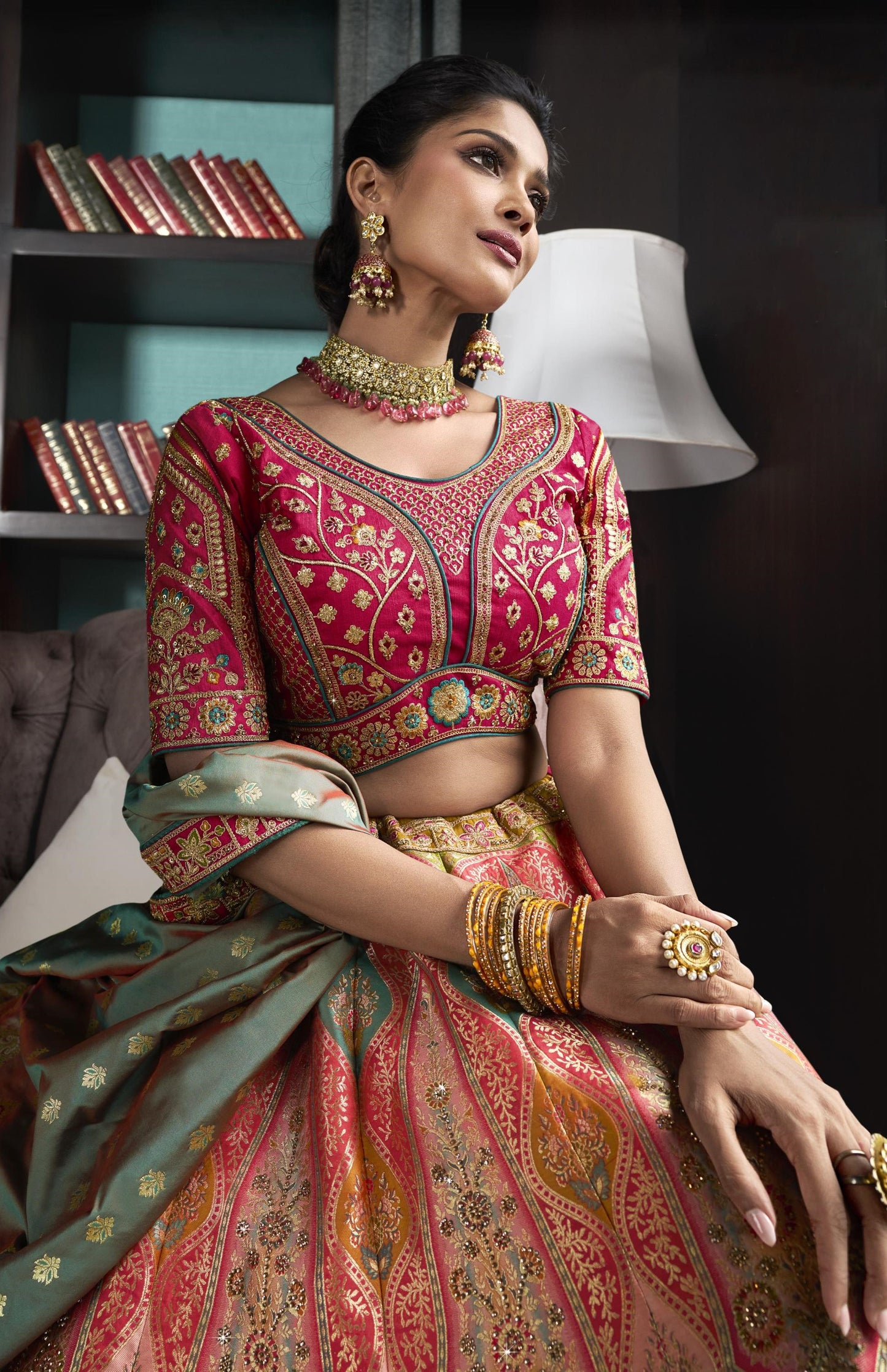 Peach and Dust Green Banarasi Silk Zarkan Embroidered Bridal Lehenga