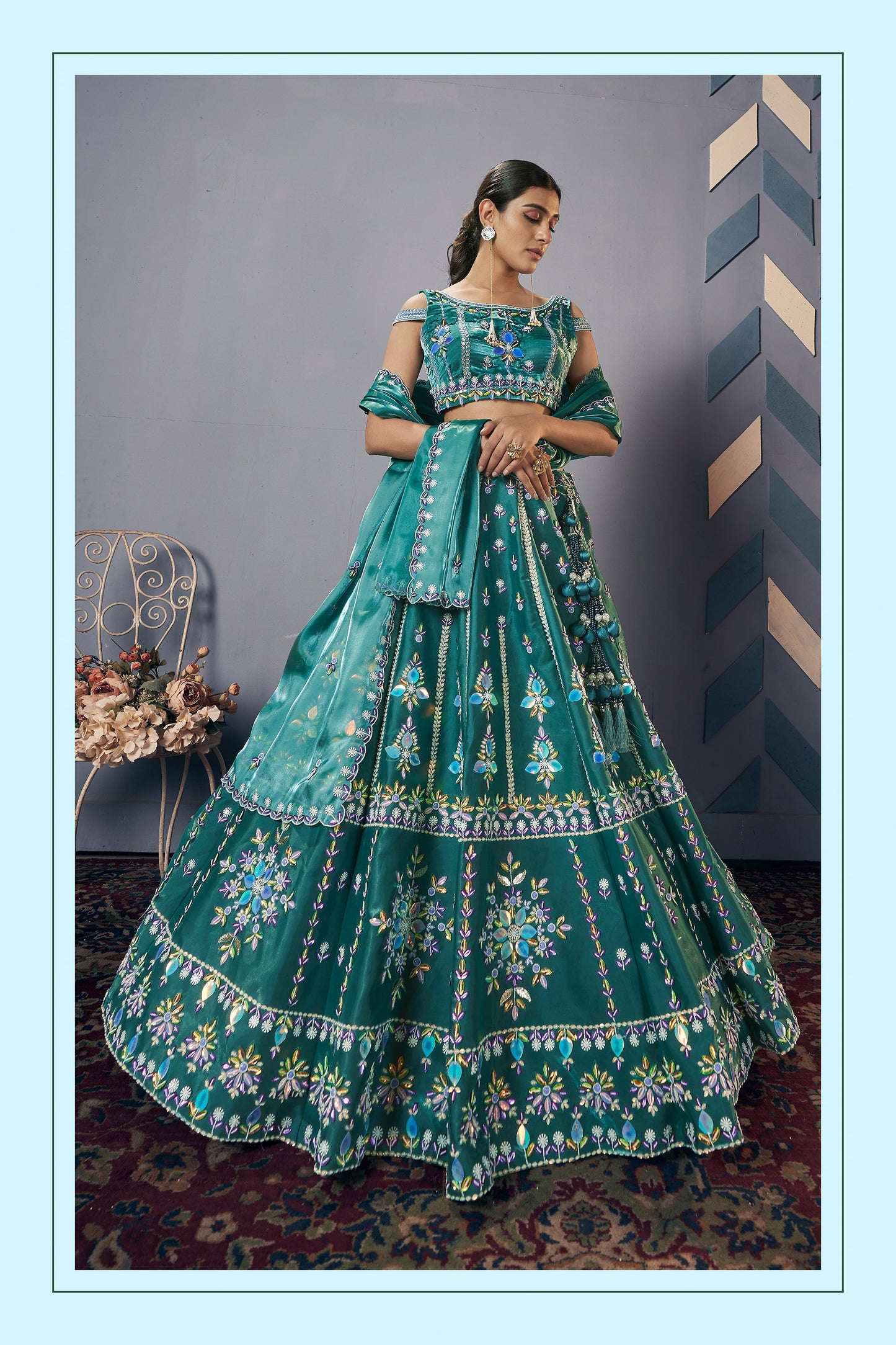 Teal Green Jimichoo Hand Embroidery Engagement Lehenga