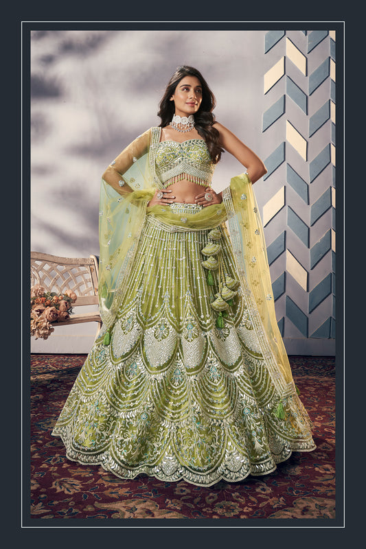 Green Net Hand Work Stone And Beads Mehendi Lehenga