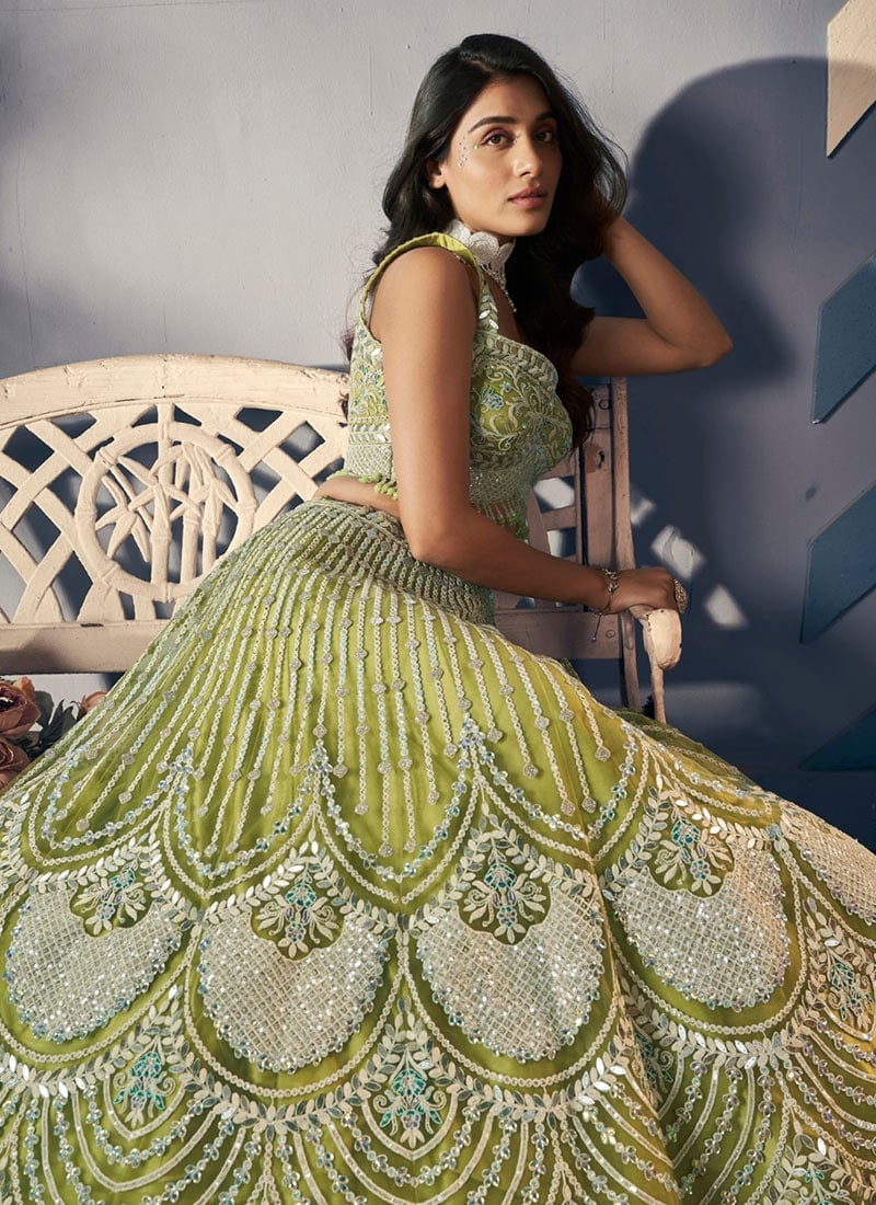 Green Net Hand Work Stone And Beads Mehendi Lehenga