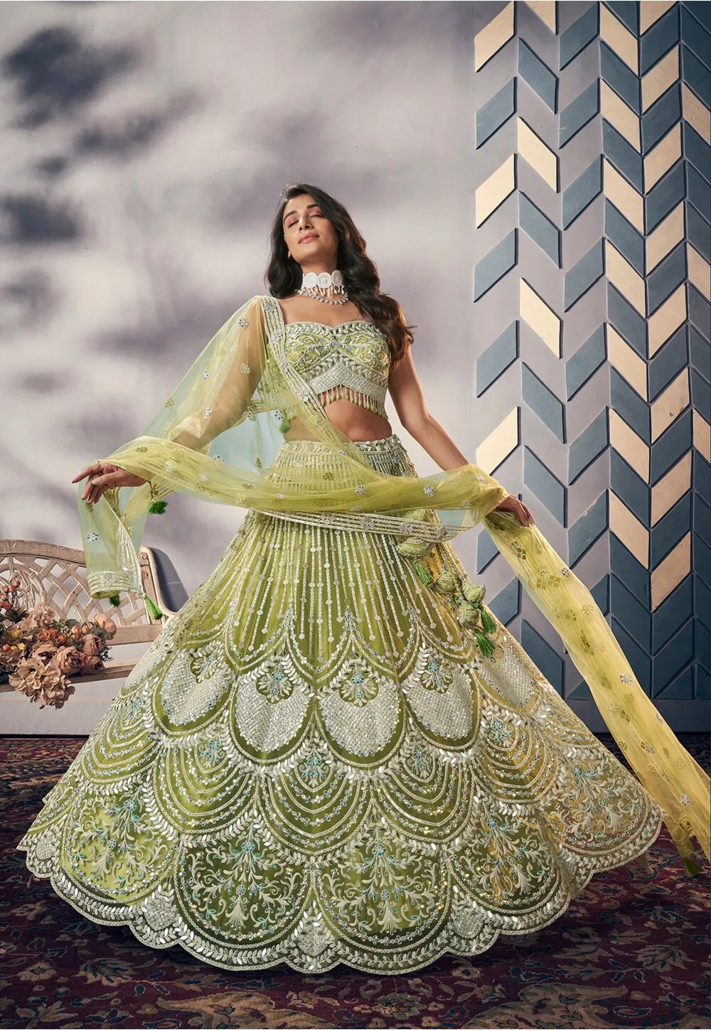 Green Net Hand Work Stone And Beads Mehendi Lehenga