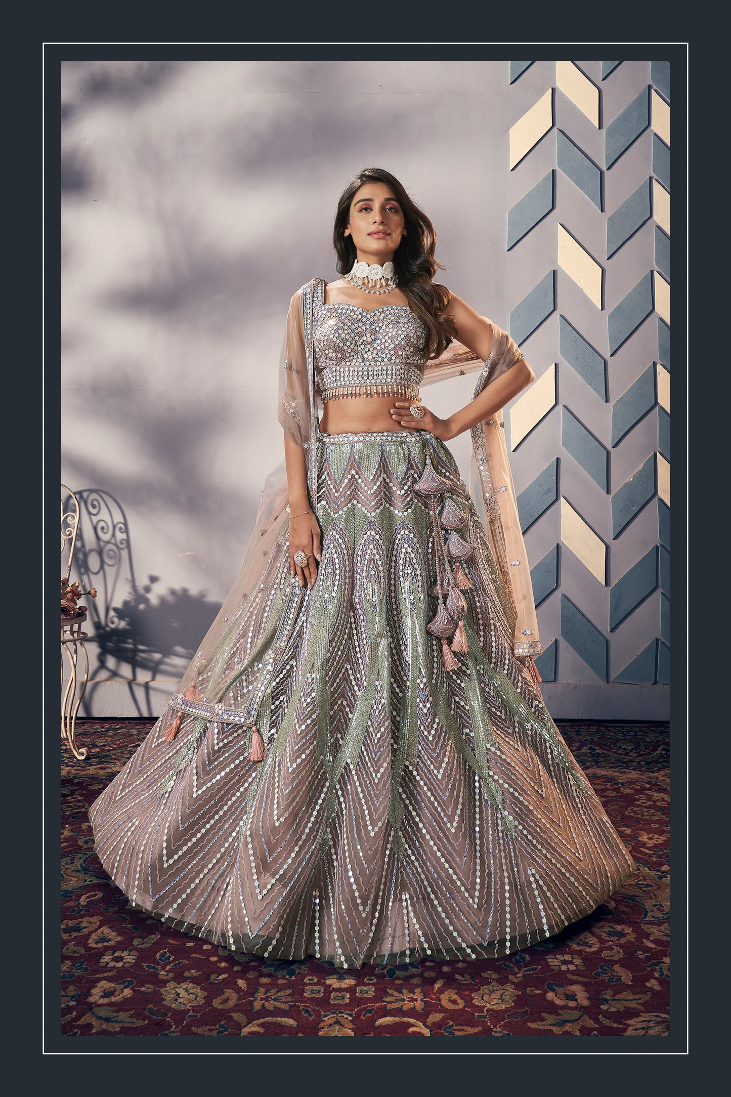 Grey Net Hand Work Stone And Beads Sangeet Lehenga