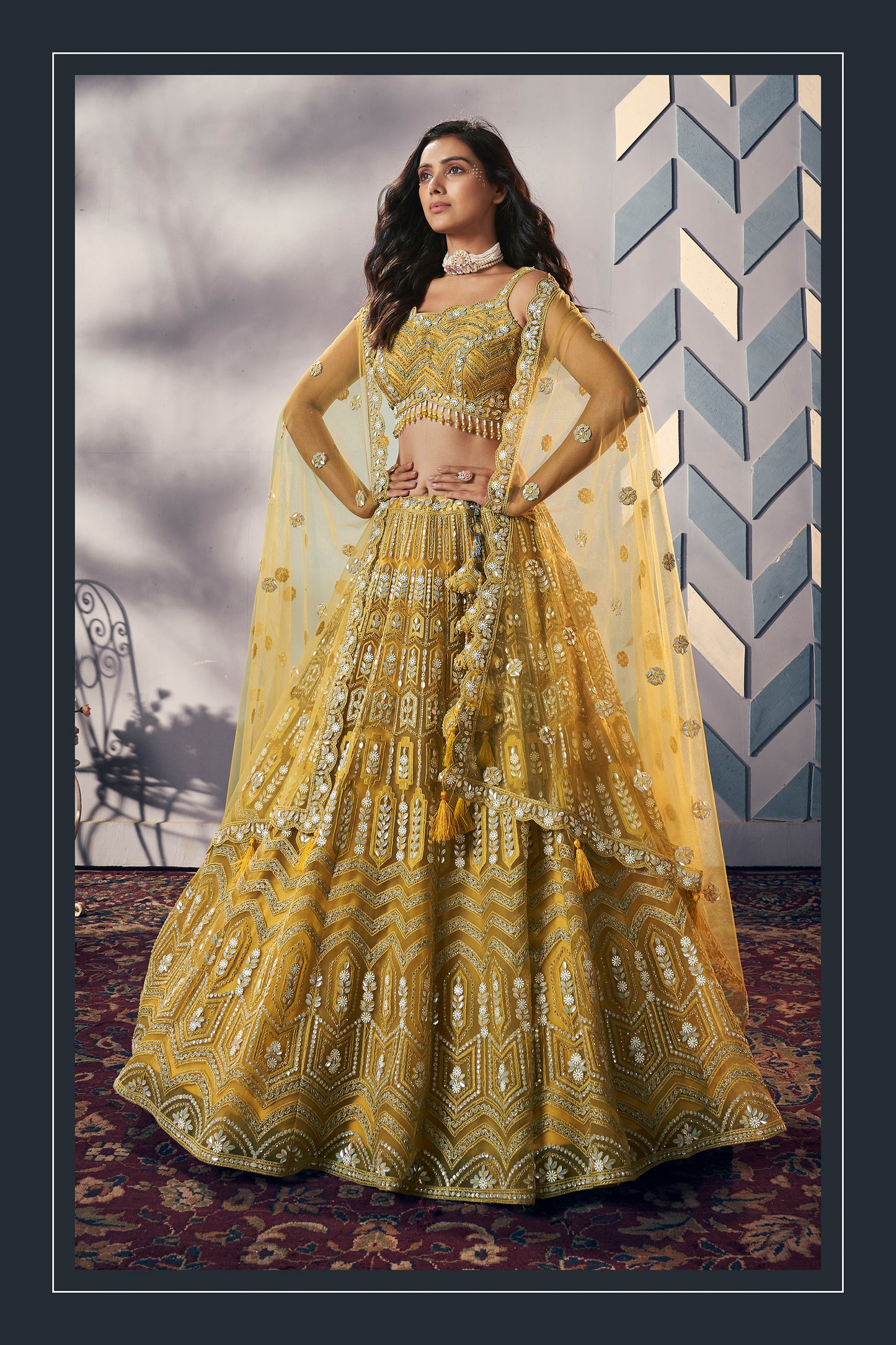 Yellow Net Hand Work Stone And Beads Haldi Lehenga