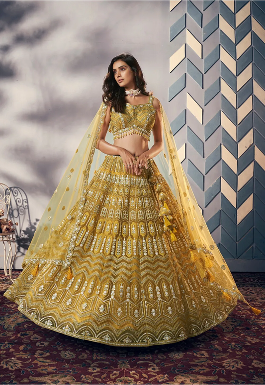 Yellow Net Hand Work Stone And Beads Haldi Lehenga