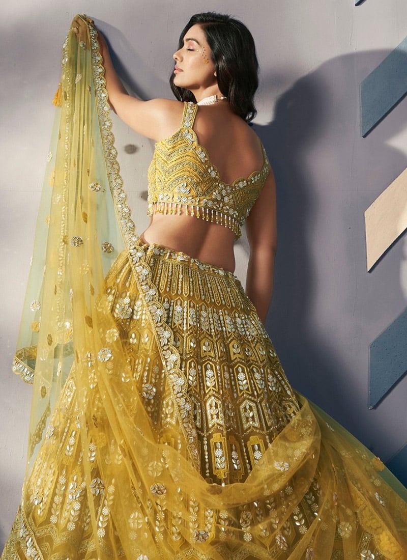 Yellow Net Hand Work Stone And Beads Haldi Lehenga