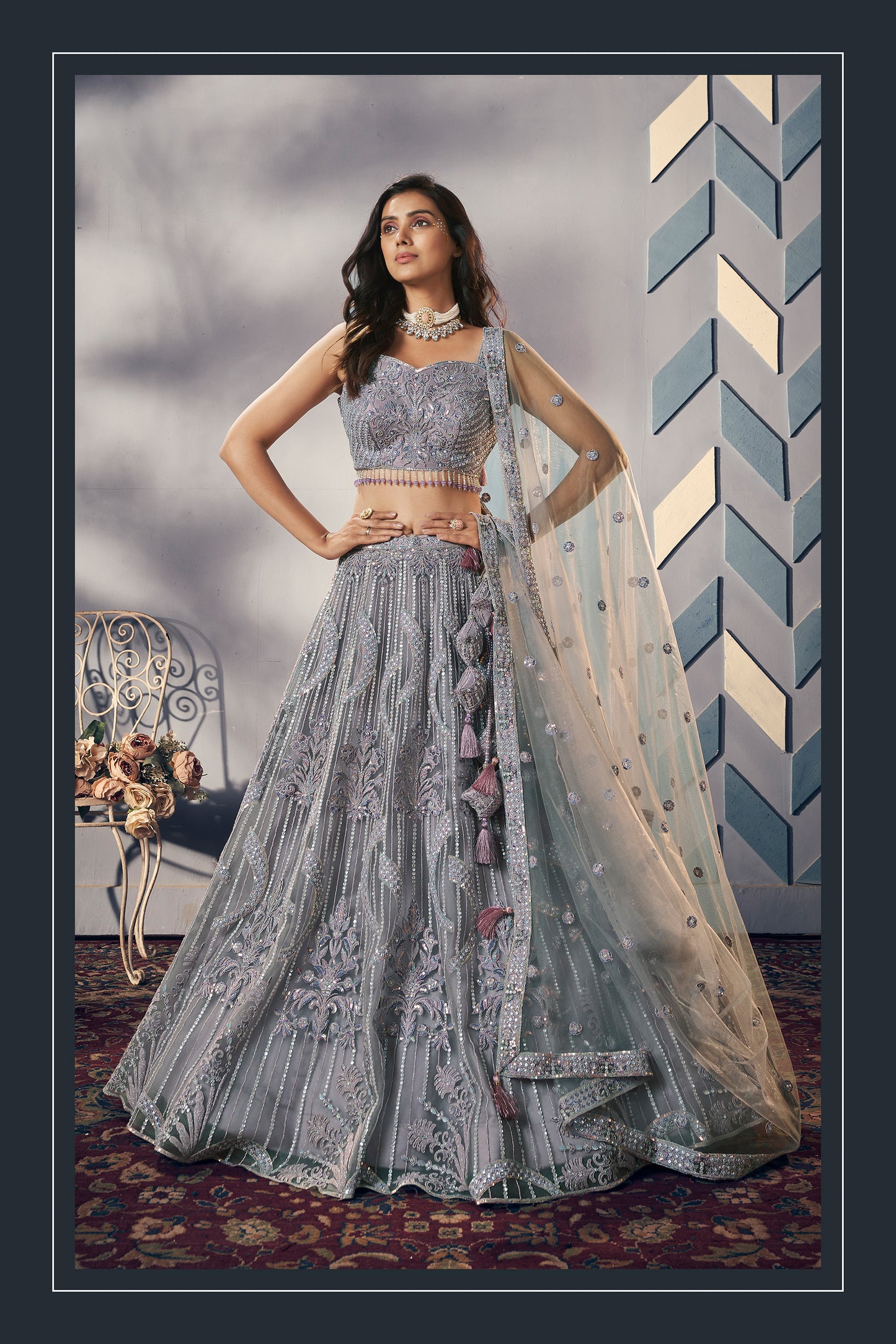 Blue Net Hand Work Stone And Beads Bridesmaid Lehenga