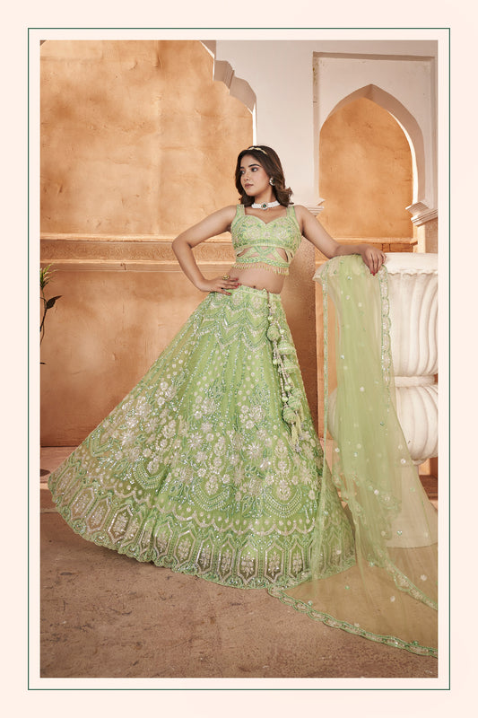 Green Net Hand & Beads Work Wedding Guest Lehenga