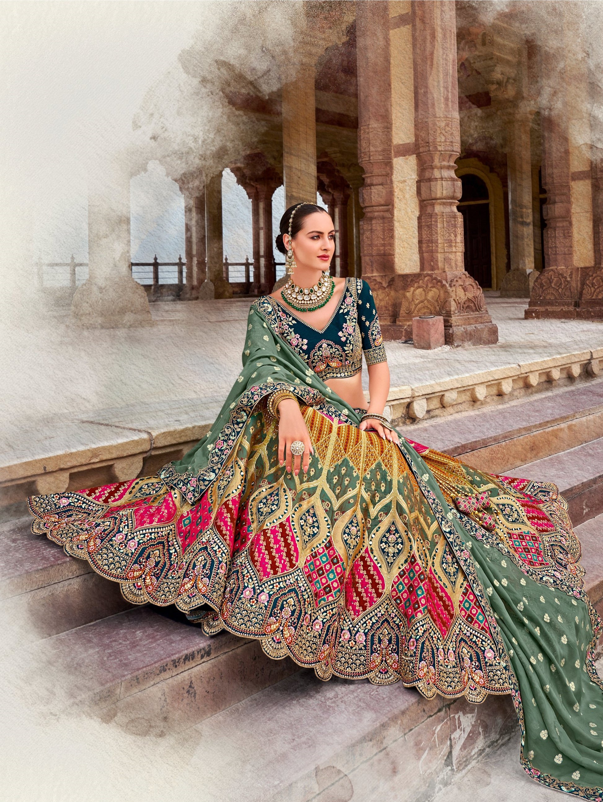 Multicolor Zarkan and Sequence Embroidered Banarasi silk Bridal Lehenga