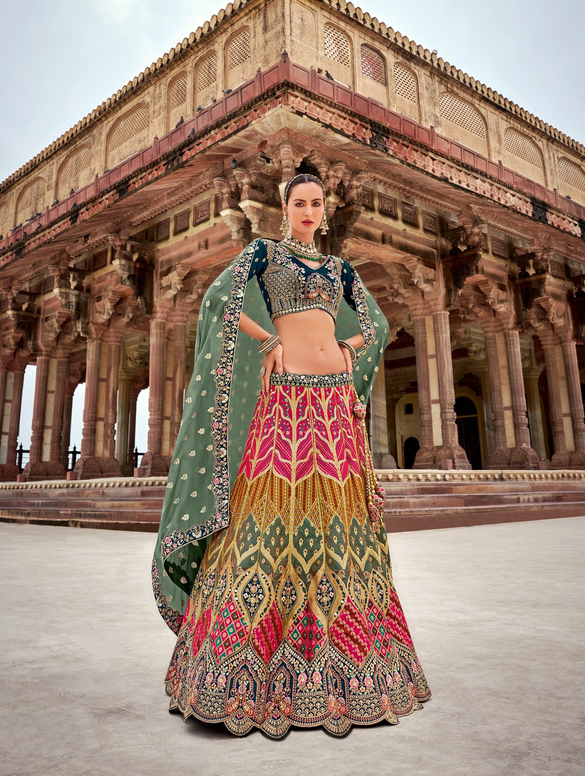 Multicolor Zarkan and Sequence Embroidered Banarasi silk Bridal Lehenga