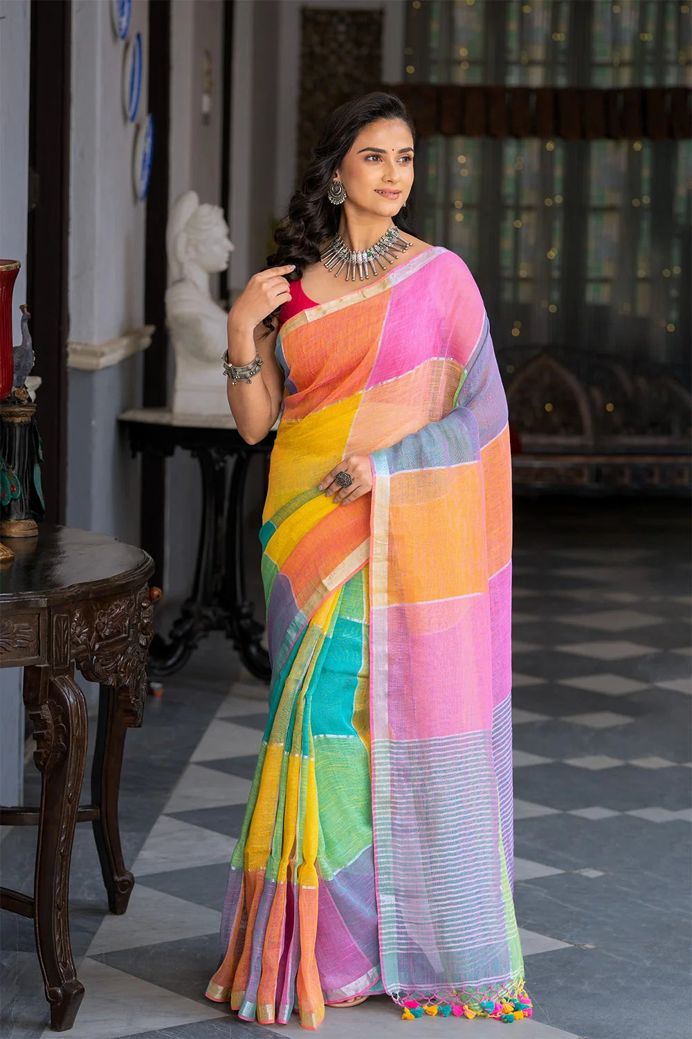 Handloom Pastel Multi Colour Linen Saree