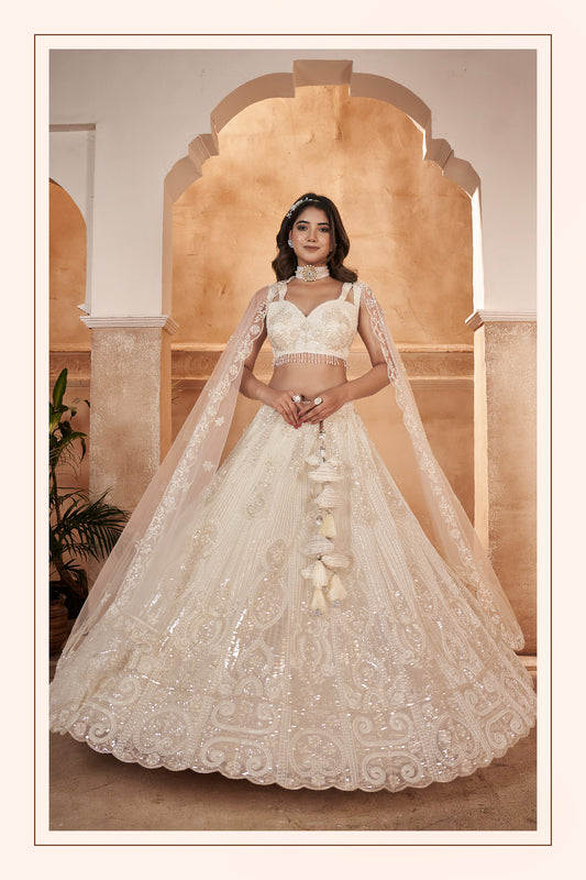 Off White Net Hand & Beads Work Bridesmaid Lehenga