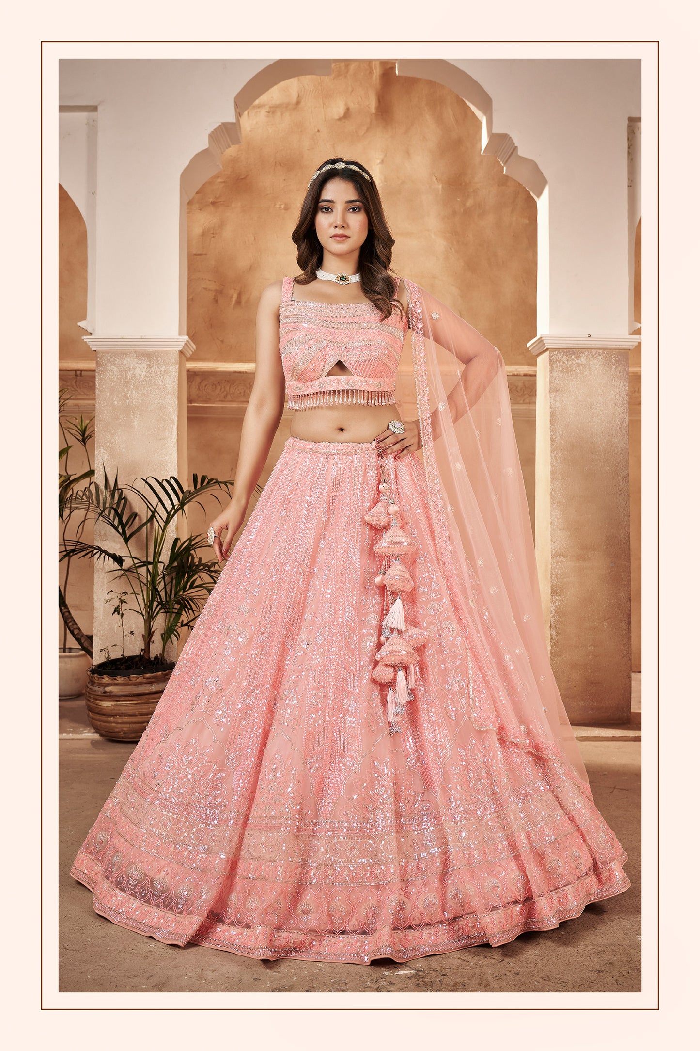 Pink Net Hand & Beads Work Sangeet Lehenga