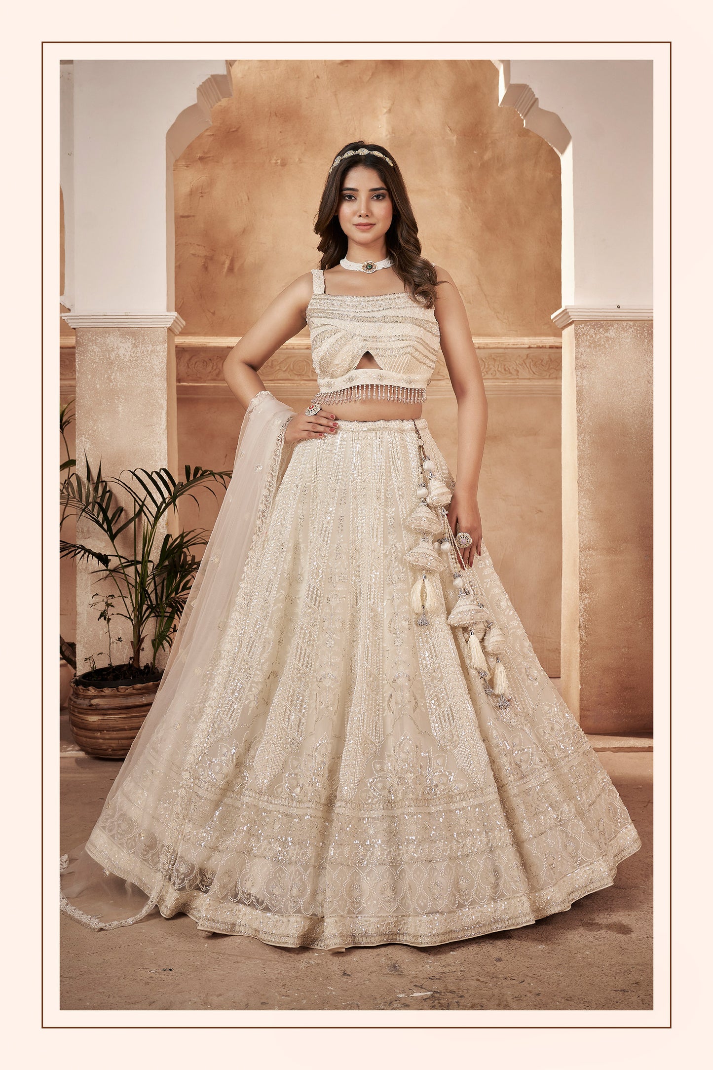 Off White Net Hand & Beads Work Party Wear Lehenga