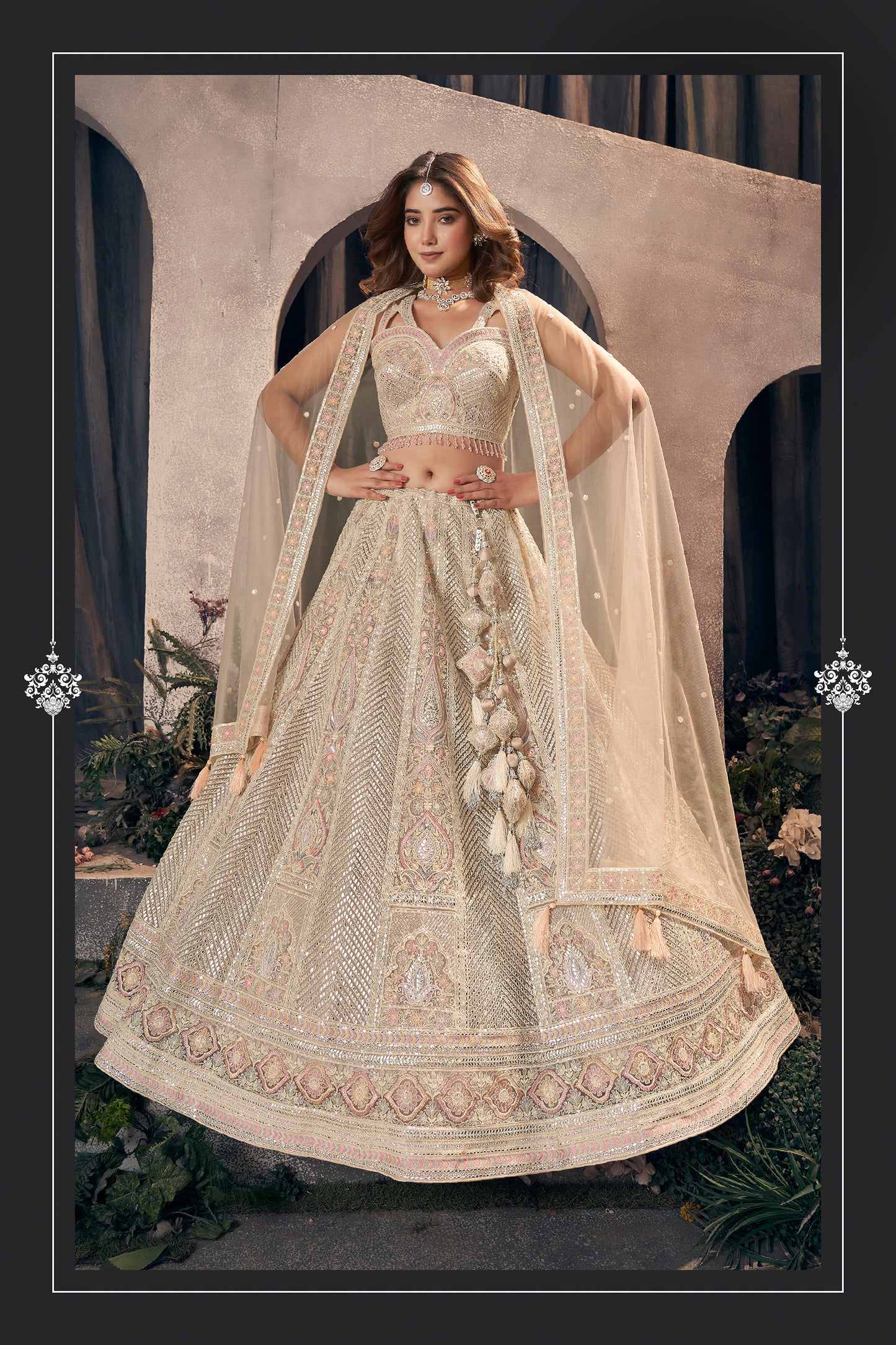 Cream Heavy Gota Patti Embroidery & Hand Work Net Engagement Lehenga