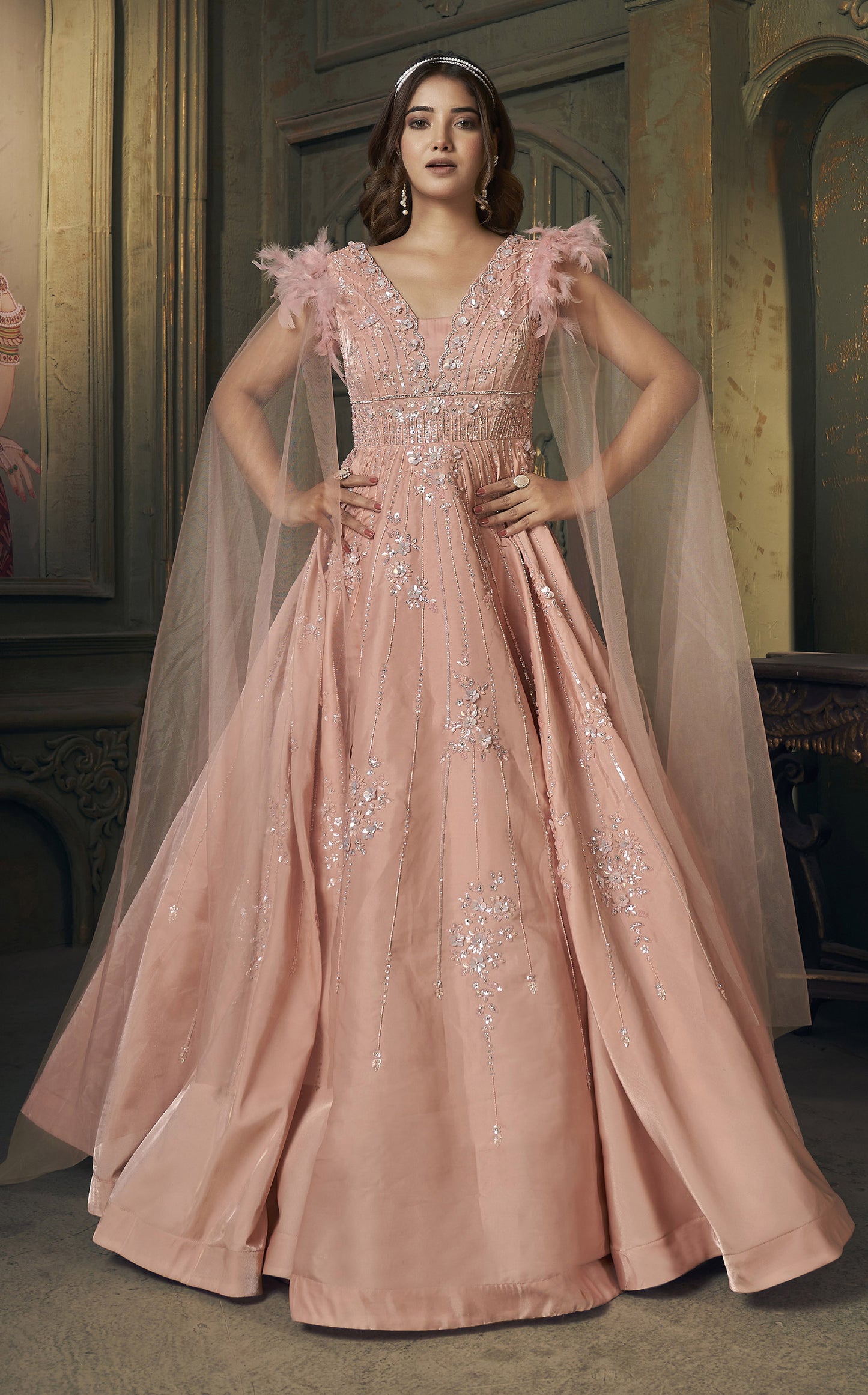 Peach Jimichoo Hand Embroidery Party Wear Gown