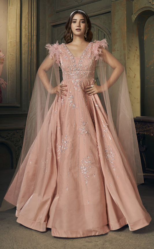 Peach Jimichoo Hand Embroidery Party Wear Gown