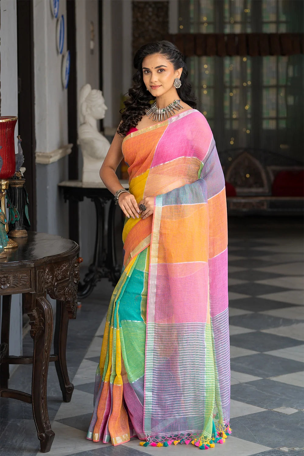 Handloom Pastel Multi Colour Linen Saree