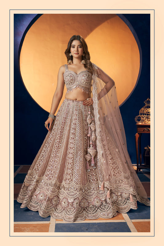 Peach Heavy Hand & Sequins Embroidery Net Bridesmaid Lehenga