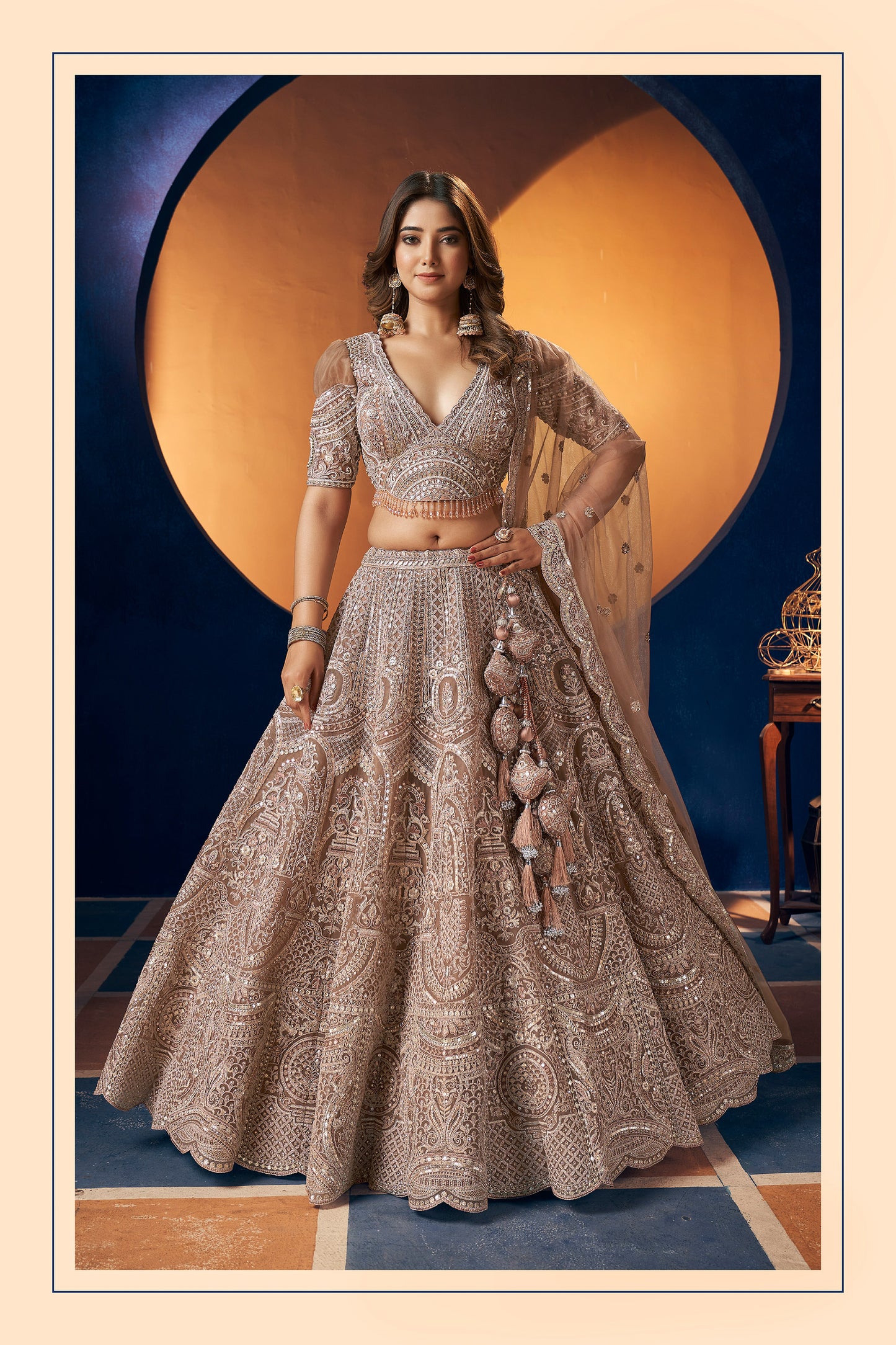 Brown Heavy Hand & Sequins Embroidery Net Bridal Lehenga