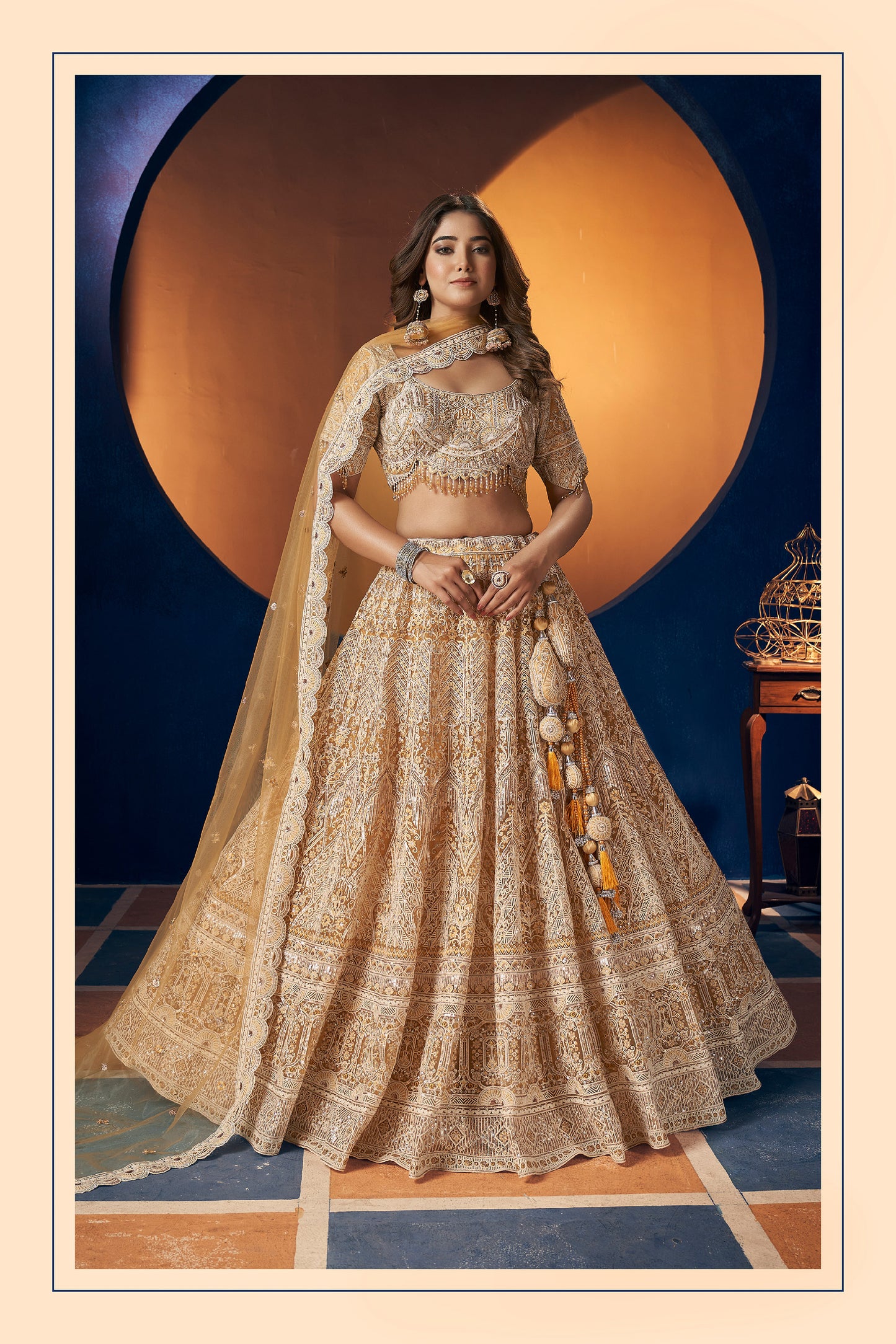 Mustard Yellow Heavy Hand & Sequins Embroidery Net Bridesmaid Lehenga