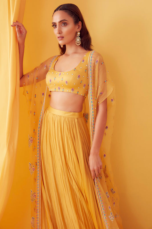 Yellow Organza Cape Jacket Lehenga Set - Aarambh