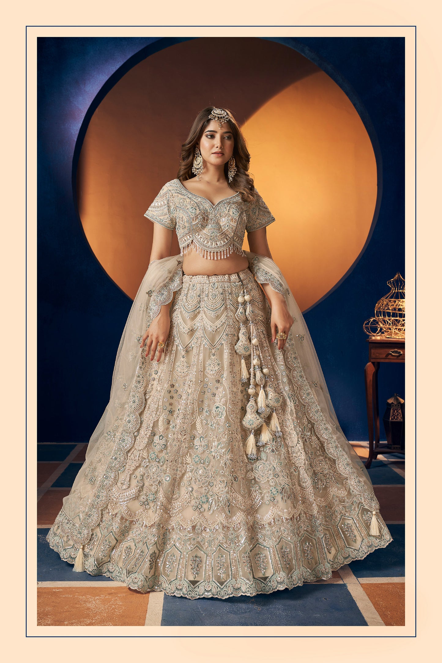 Cream Heavy Hand & Sequins Embroidery Net Sangeet Lehenga