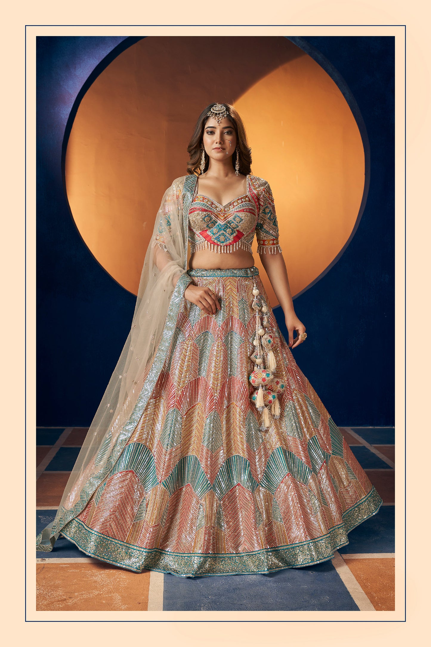 Multicolored Heavy Hand & Sequins Embroidery Net Bridesmaid Lehenga