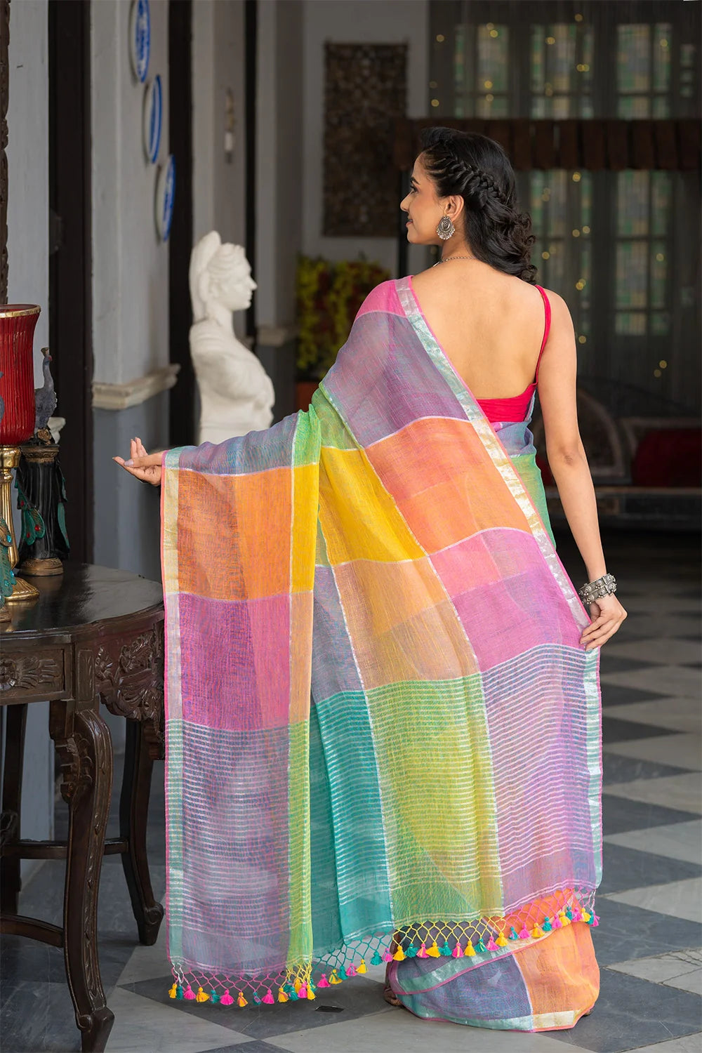 Handloom Pastel Multi Colour Linen Saree