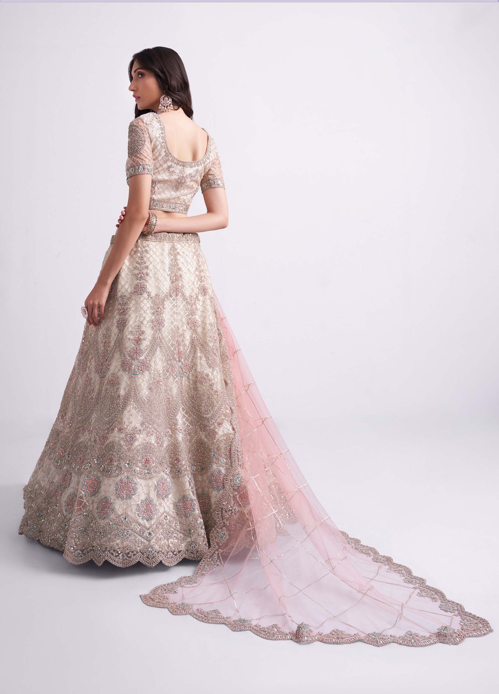 Off White Zarkan Embroidery Net Bridesmaid Lehenga