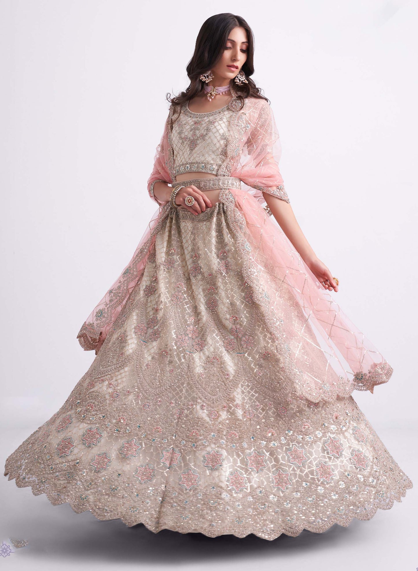 Off White Zarkan Embroidery Net Bridesmaid Lehenga