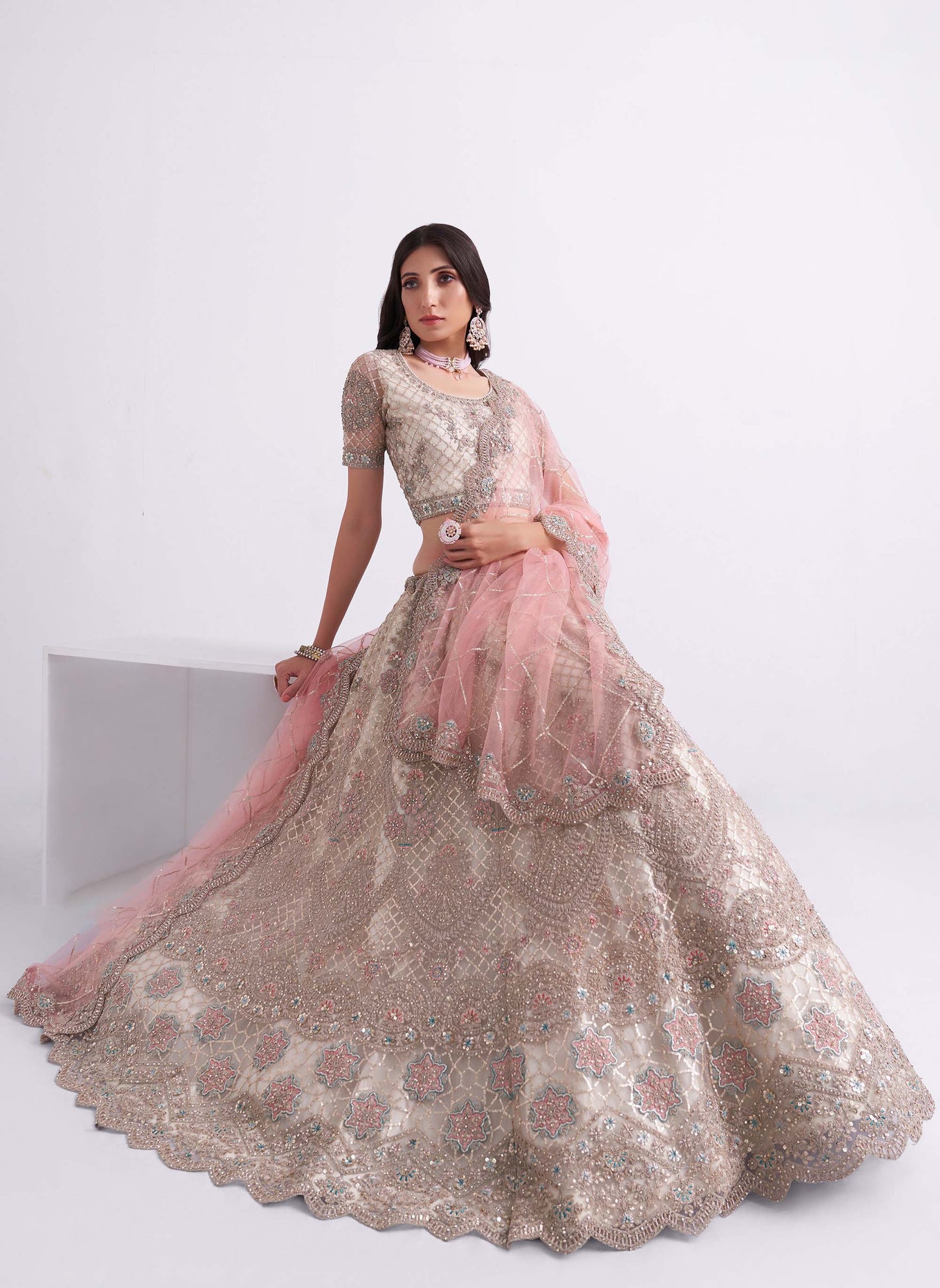 Off White Zarkan Embroidery Net Bridesmaid Lehenga