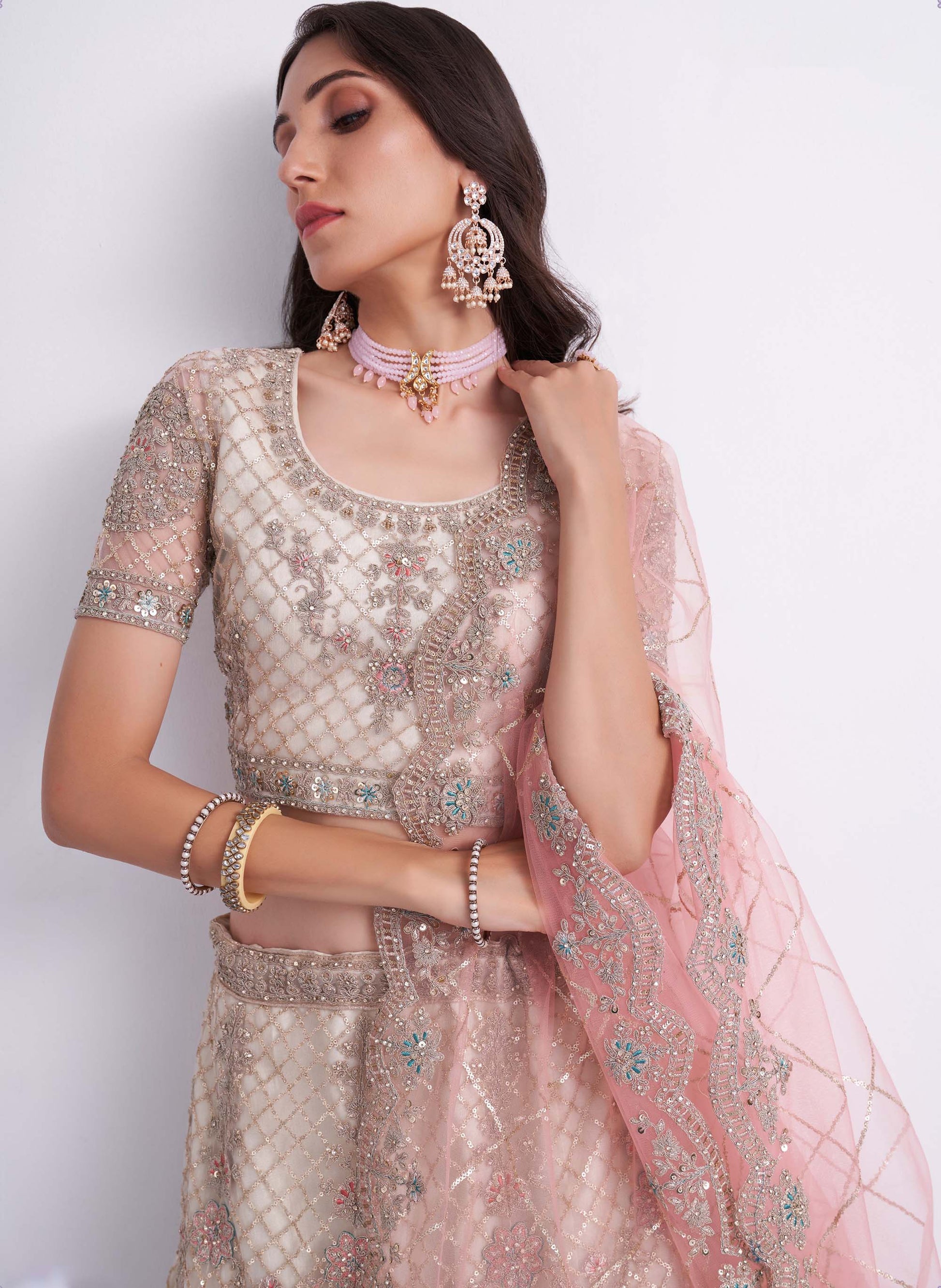 Off White Zarkan Embroidery Net Bridesmaid Lehenga