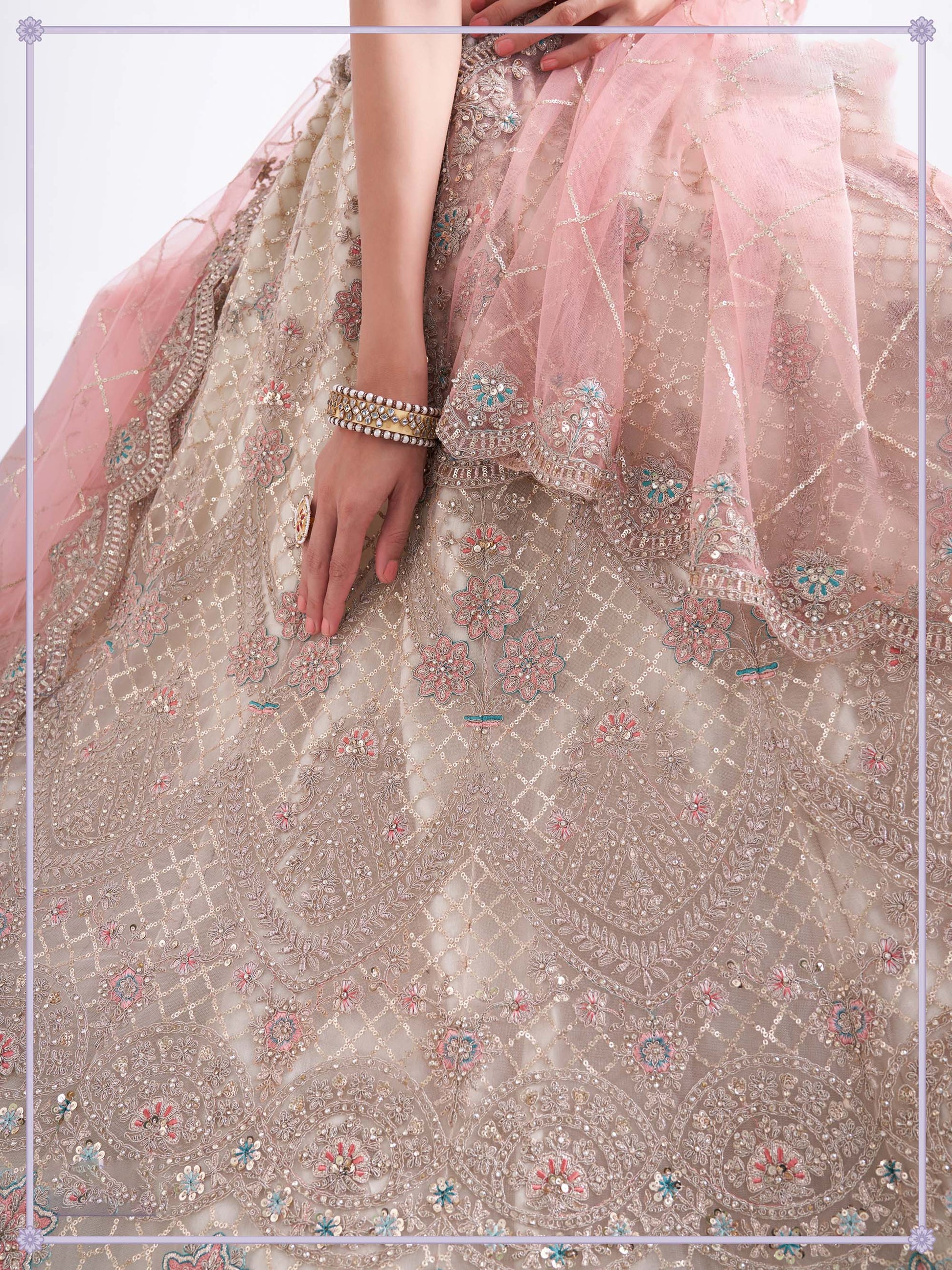 Off White Zarkan Embroidery Net Bridesmaid Lehenga