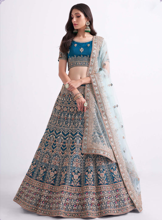 Teal Blue Zarkan Embroidery Net Bridesmaid Lehenga