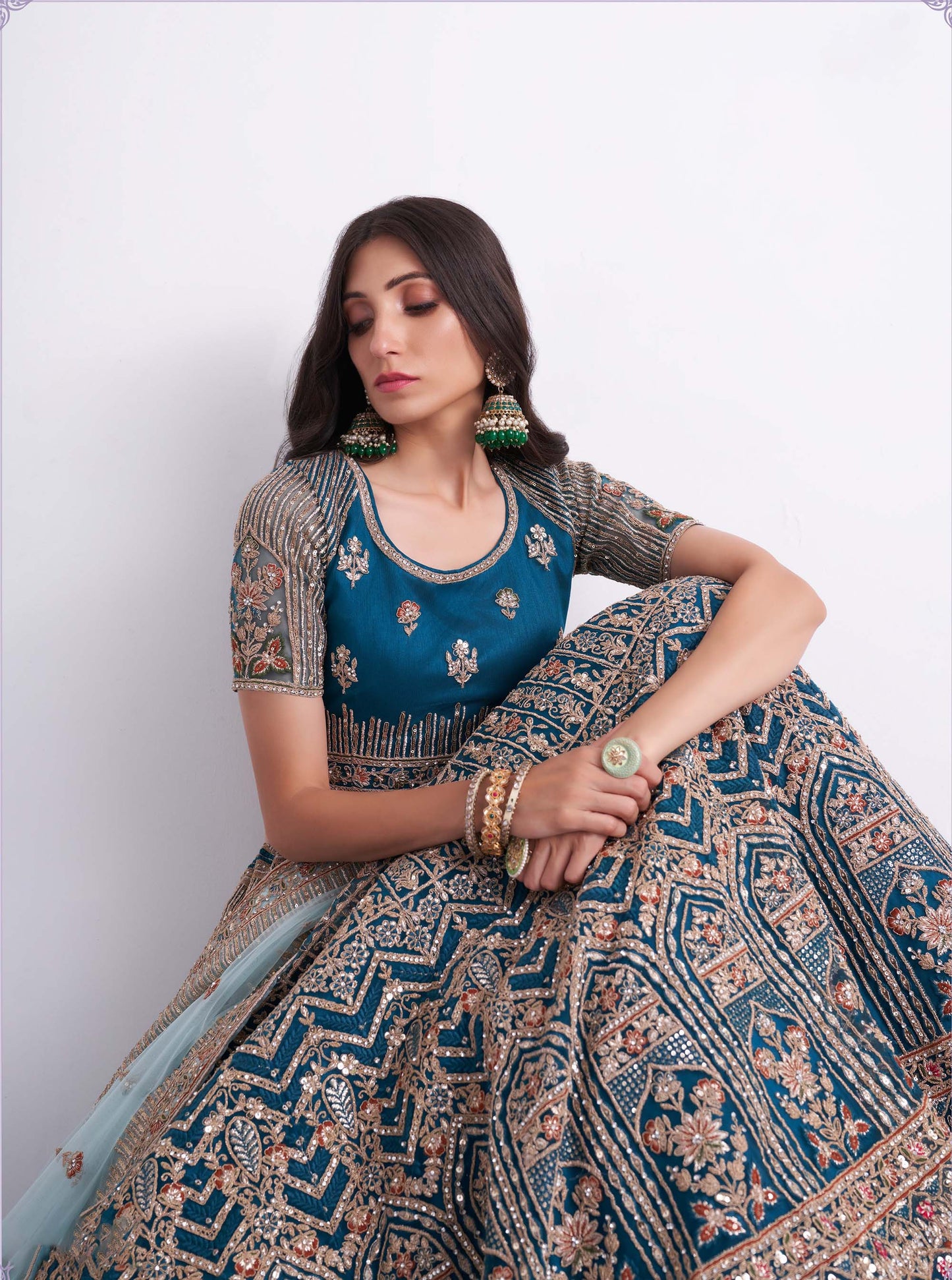 Teal Blue Zarkan Embroidery Net Bridesmaid Lehenga