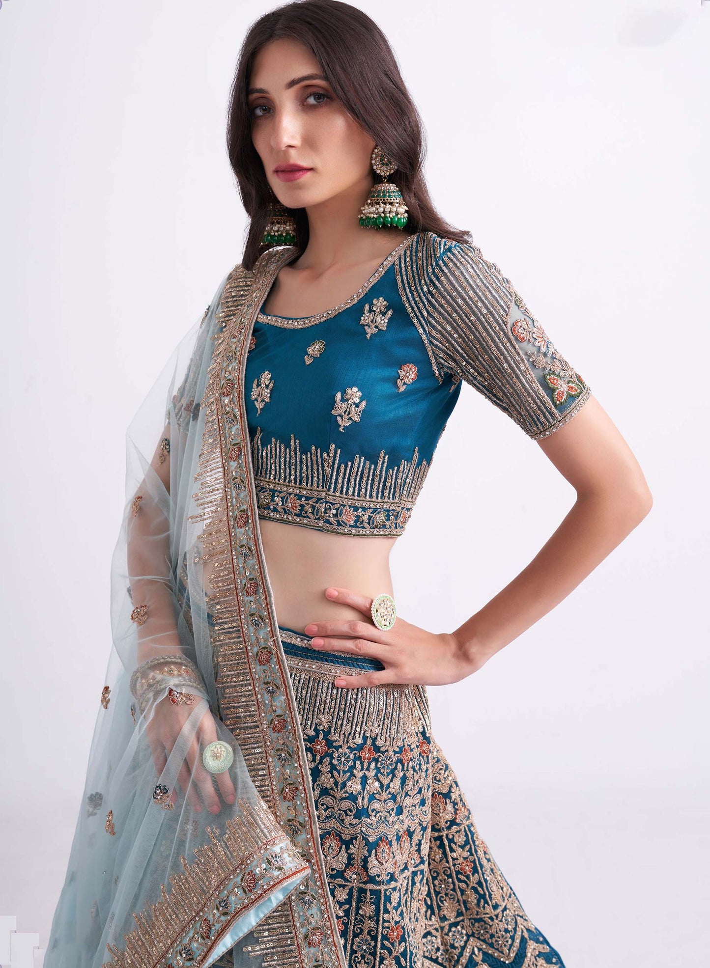 Teal Blue Zarkan Embroidery Net Bridesmaid Lehenga