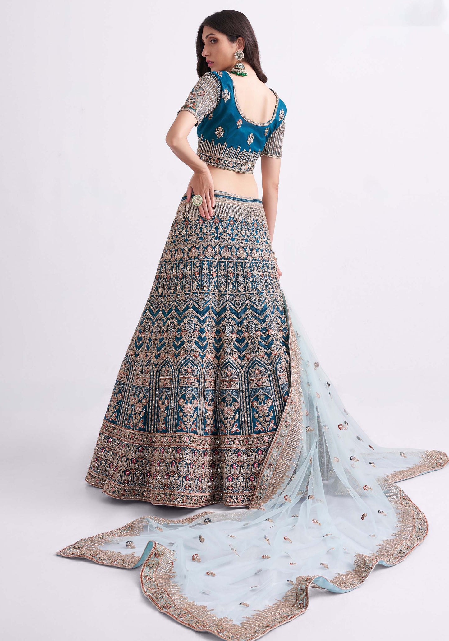 Teal Blue Zarkan Embroidery Net Bridesmaid Lehenga